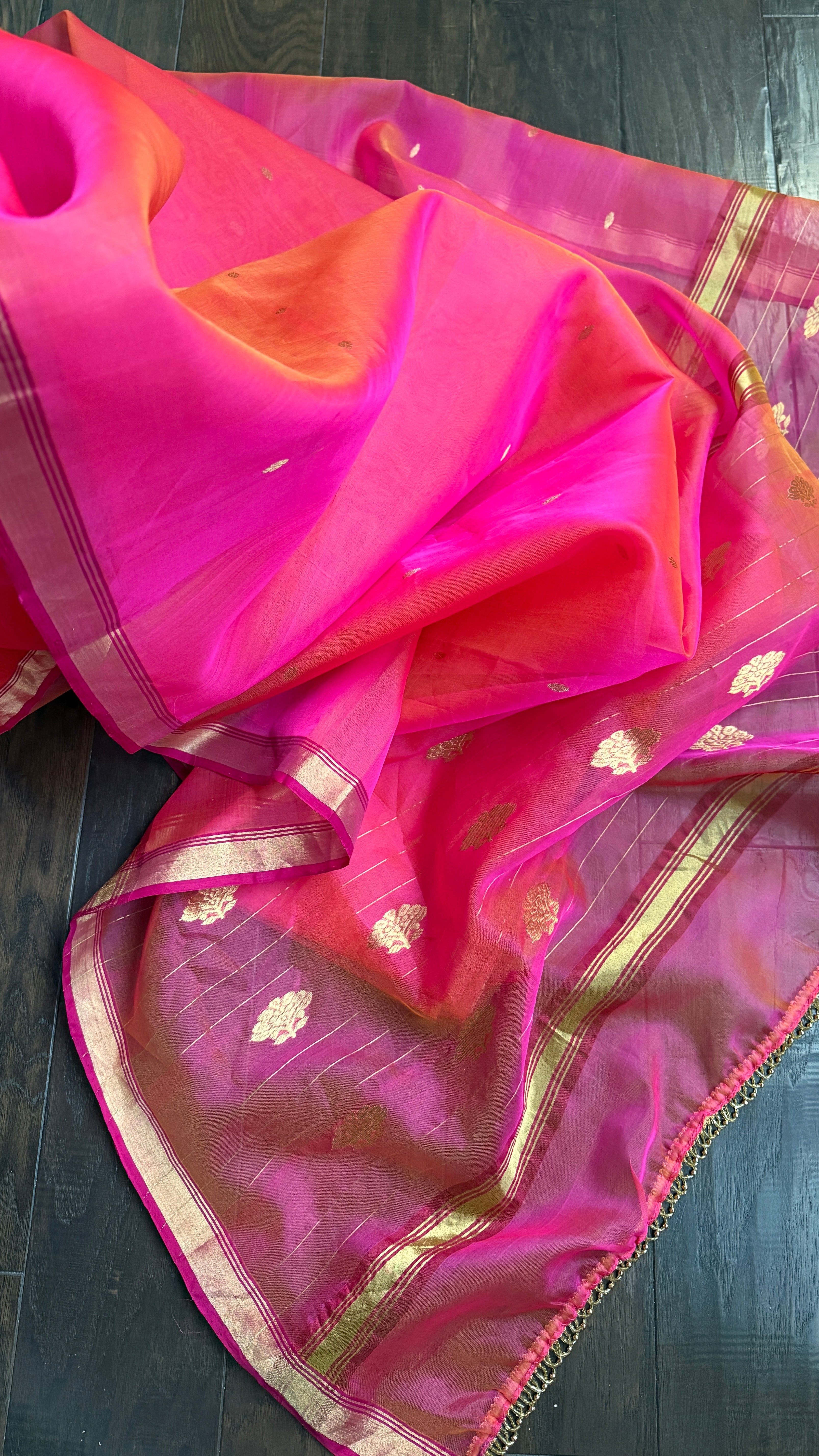 Pure Chanderi Organza Silk - Pink Orange Dual shaded