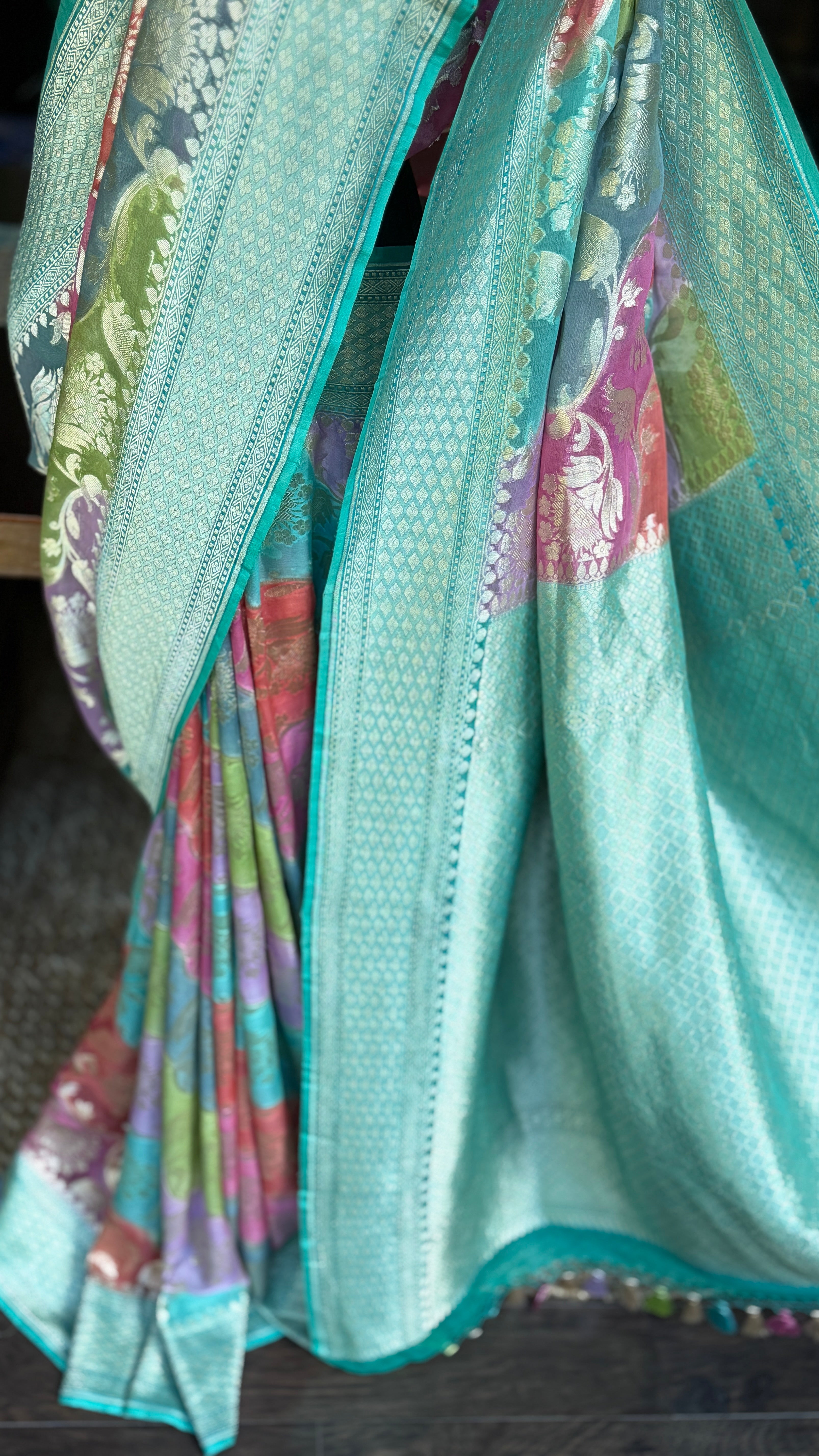 Khaddi Georgette Banarasi - Sea Green Multi color Rangkat