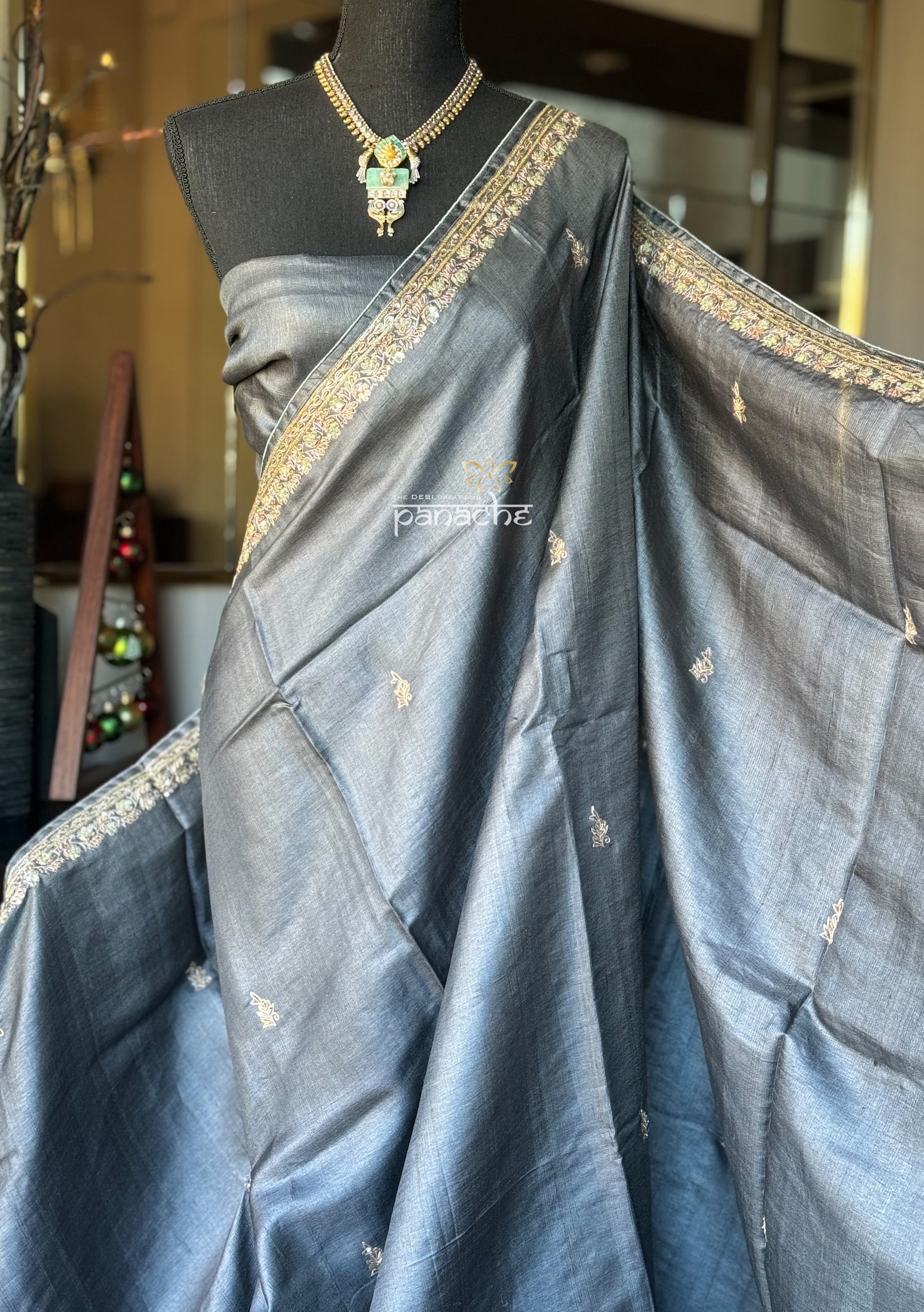 Designer Tussar Silk - Steel Grey Hand Embroidered