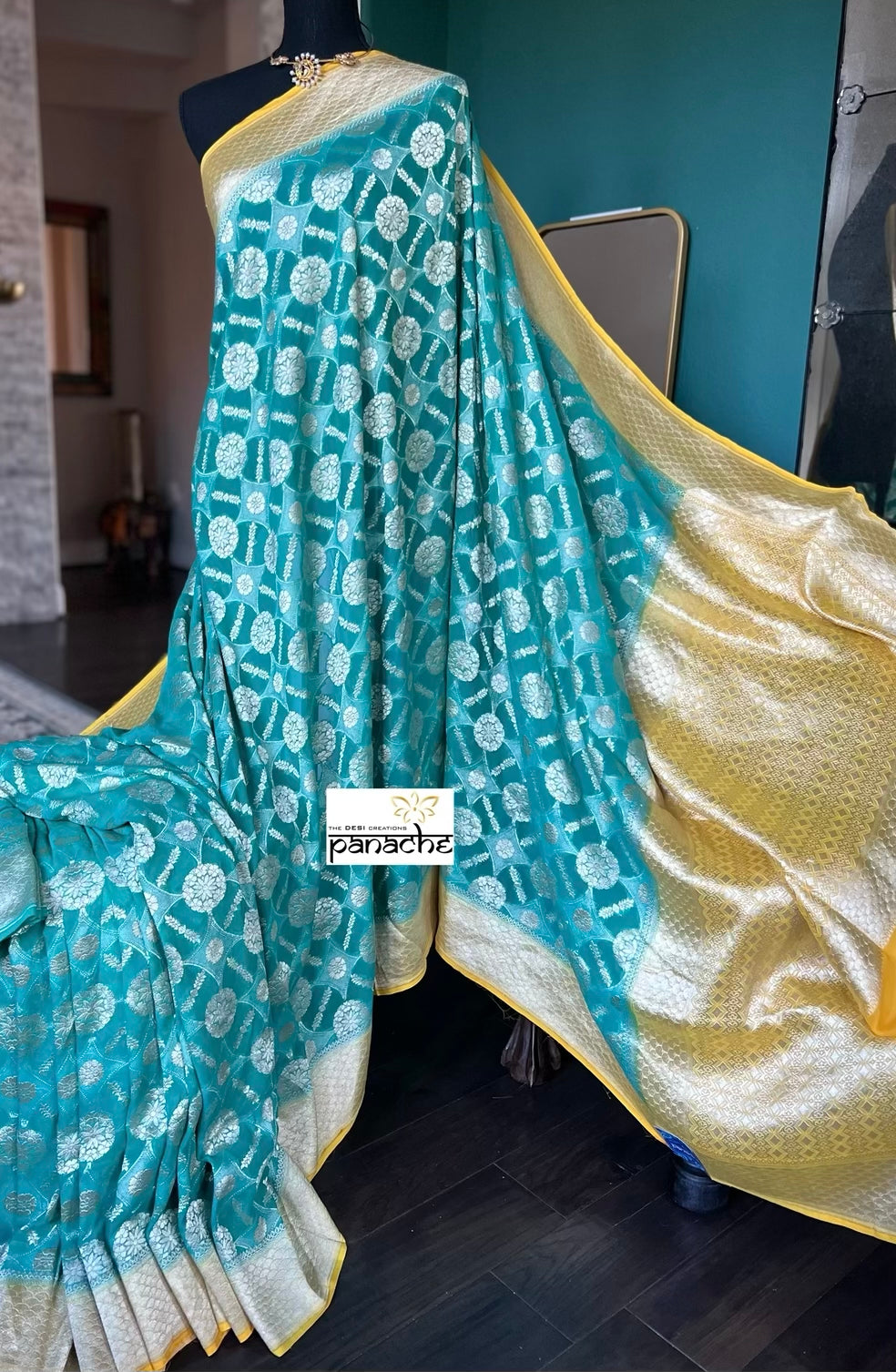 Khaddi Georgette Banarasi - Sea Green Yellow