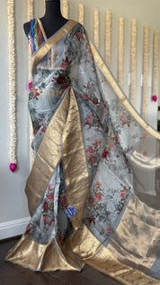 Organza Banarasi Floral - Light Grey Kadwa