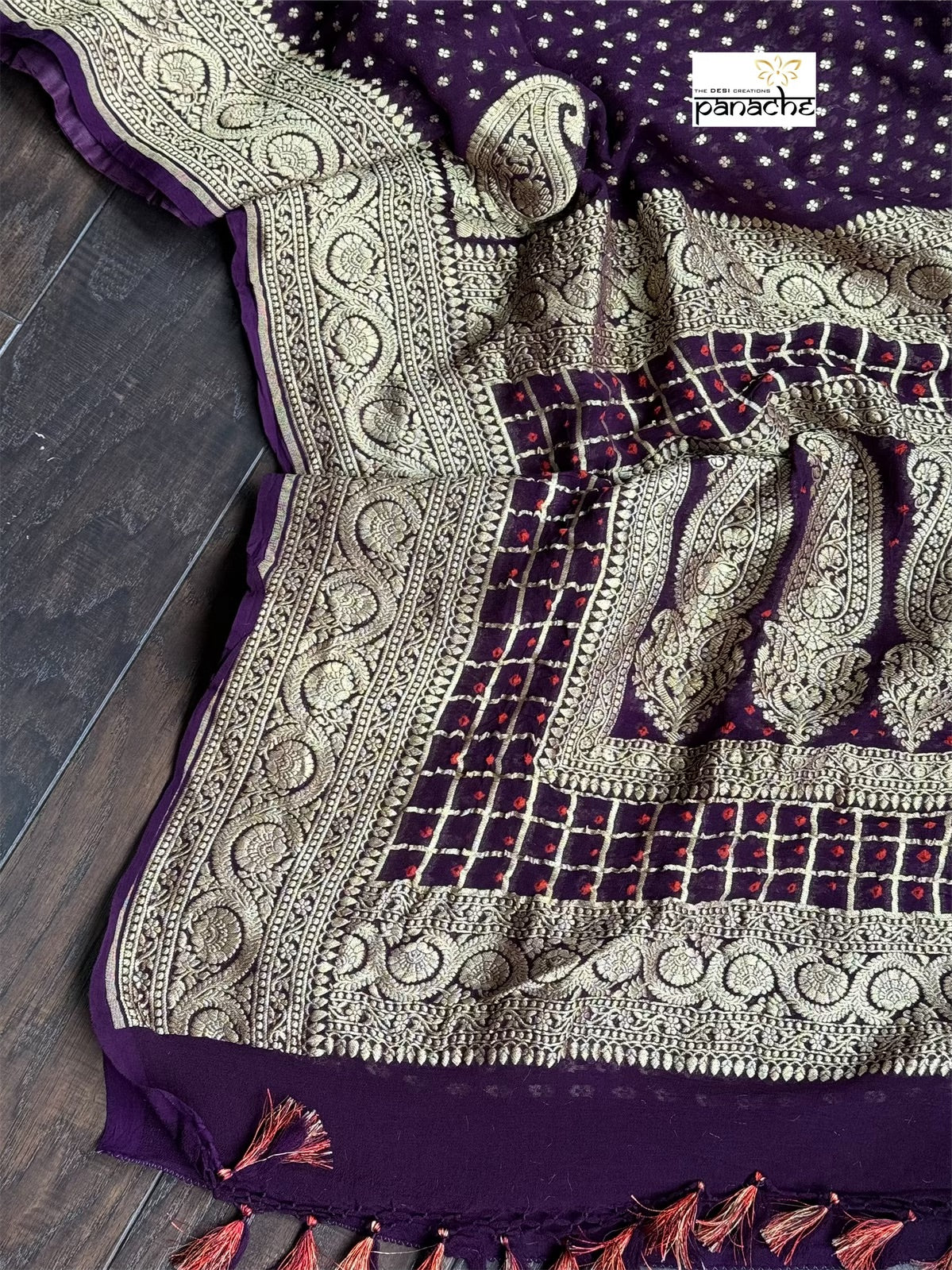 Khaddi Georgette Banarasi - Eggplant color Bandhej