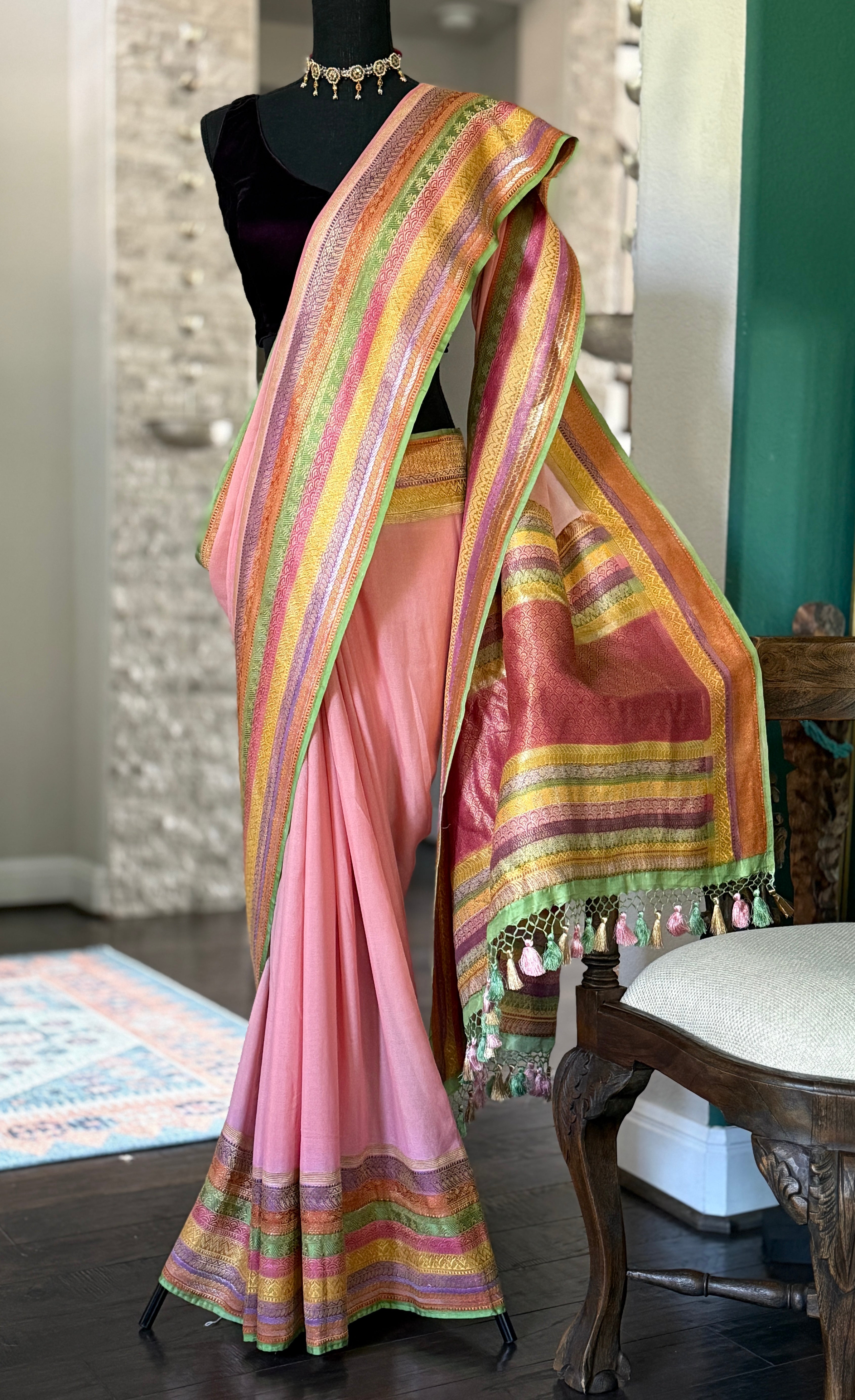 Khaddi Georgette Banarasi - Pink Multi color Hand Brushed