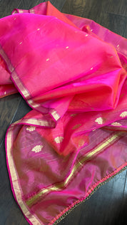 Pure Chanderi Organza Silk - Pink Orange Dual shaded