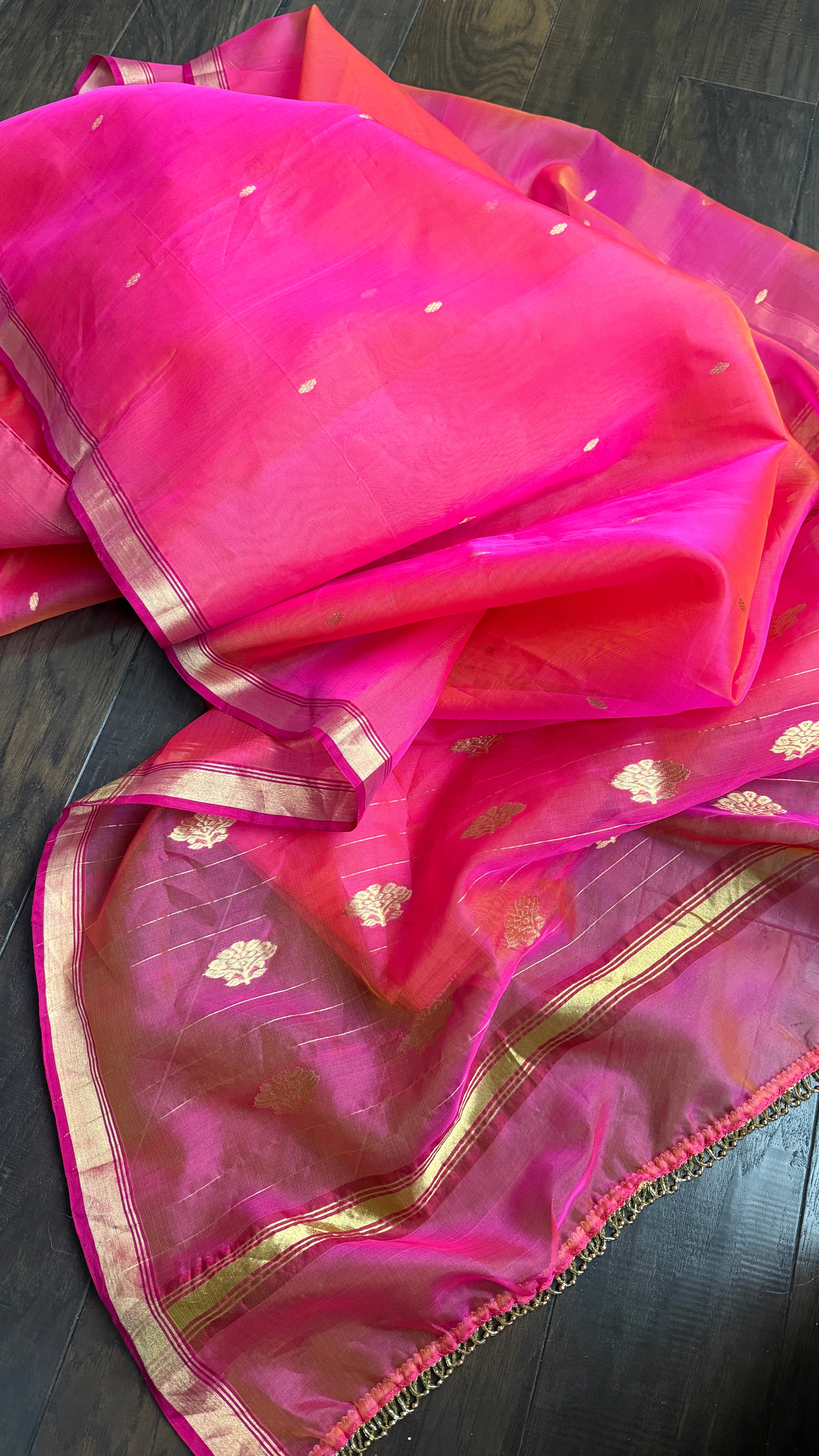 Pure Chanderi Organza Silk - Pink Orange Dual shaded