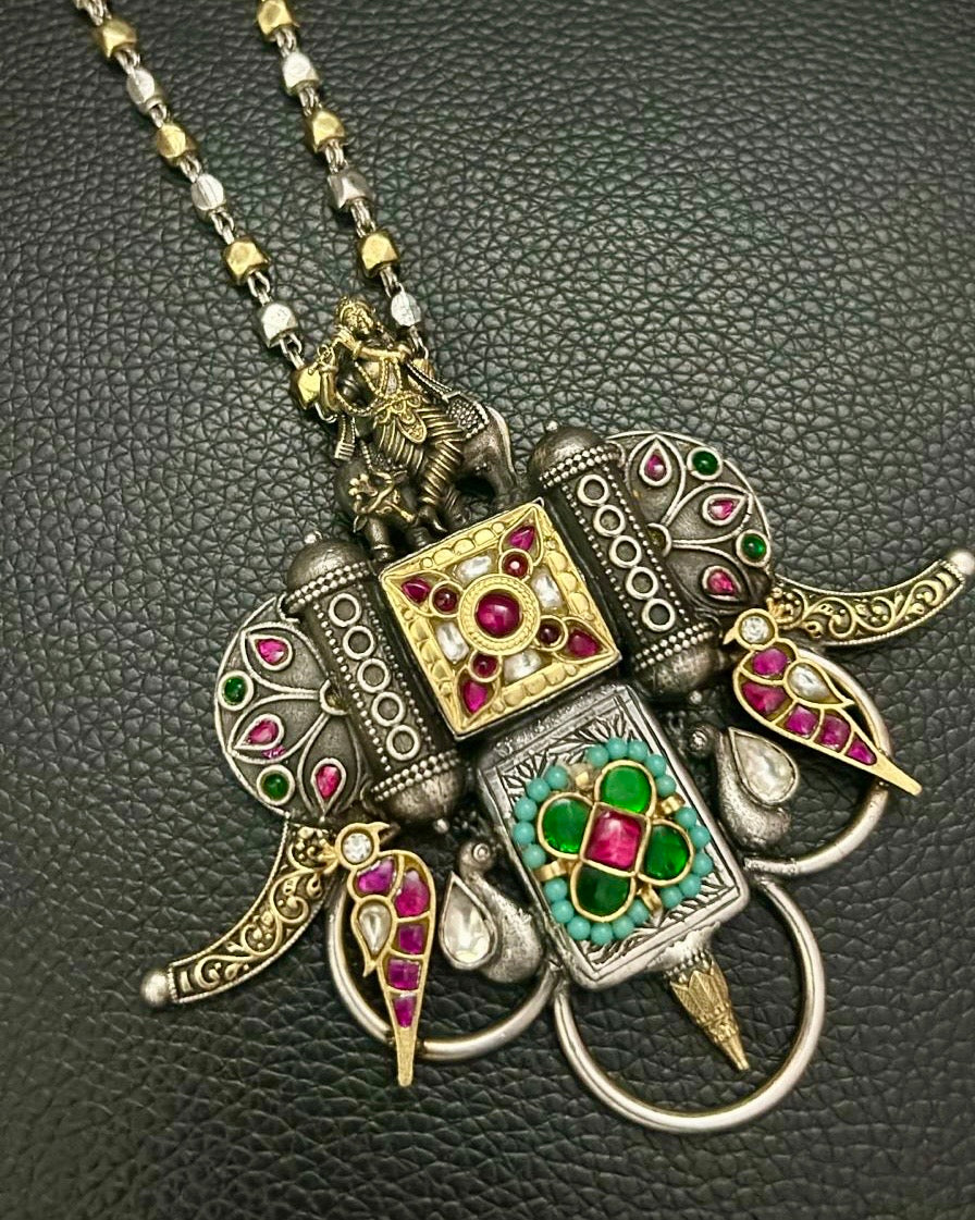 Pure Silver Necklace - Krishna Pendant Dual Tone