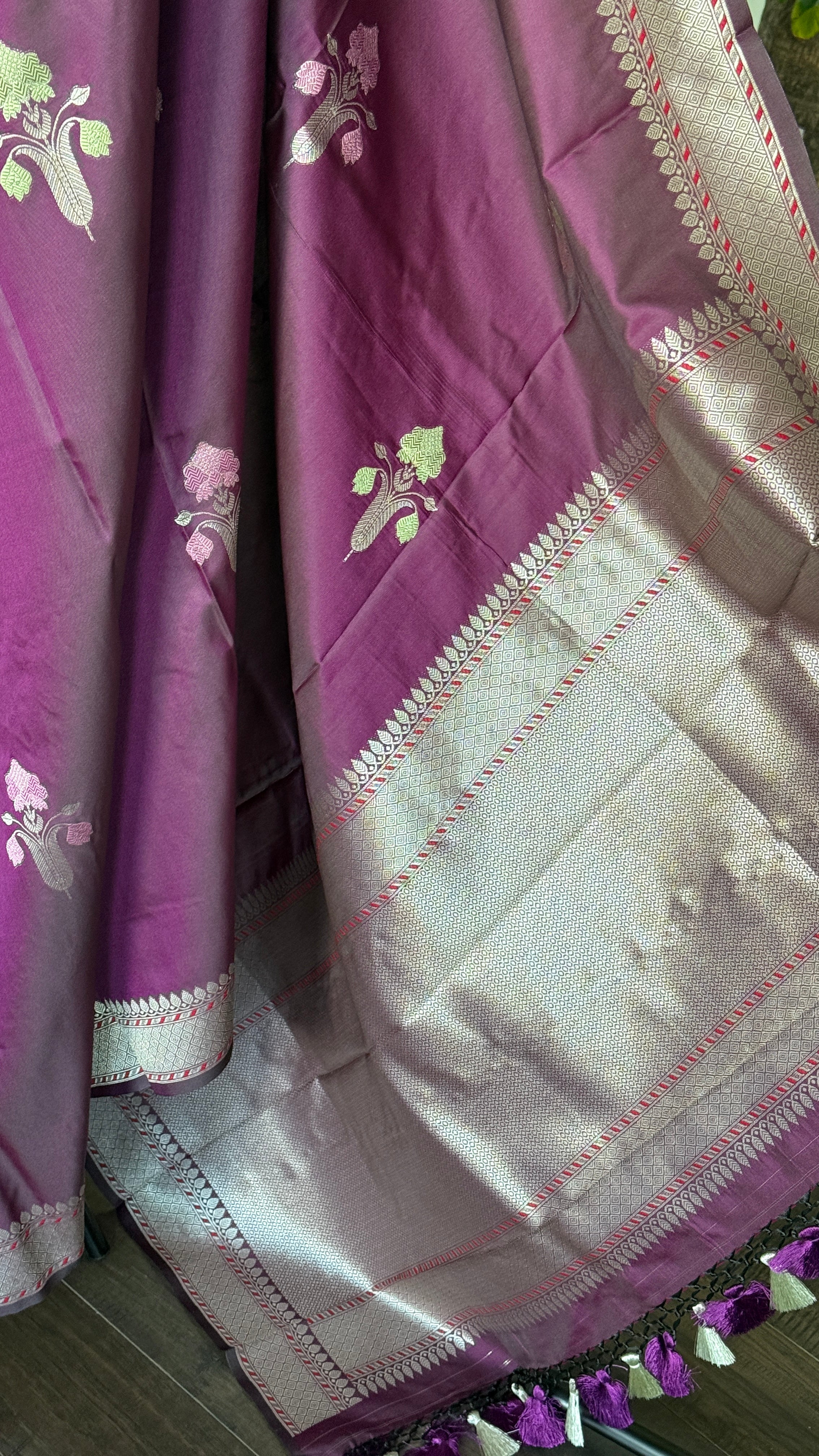 Soft Silk Banaras Saree - Plum Meenakari