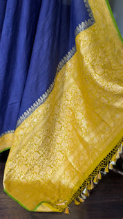 Tussar Georgette Banarasi- Navy Blue Ochre Yellow