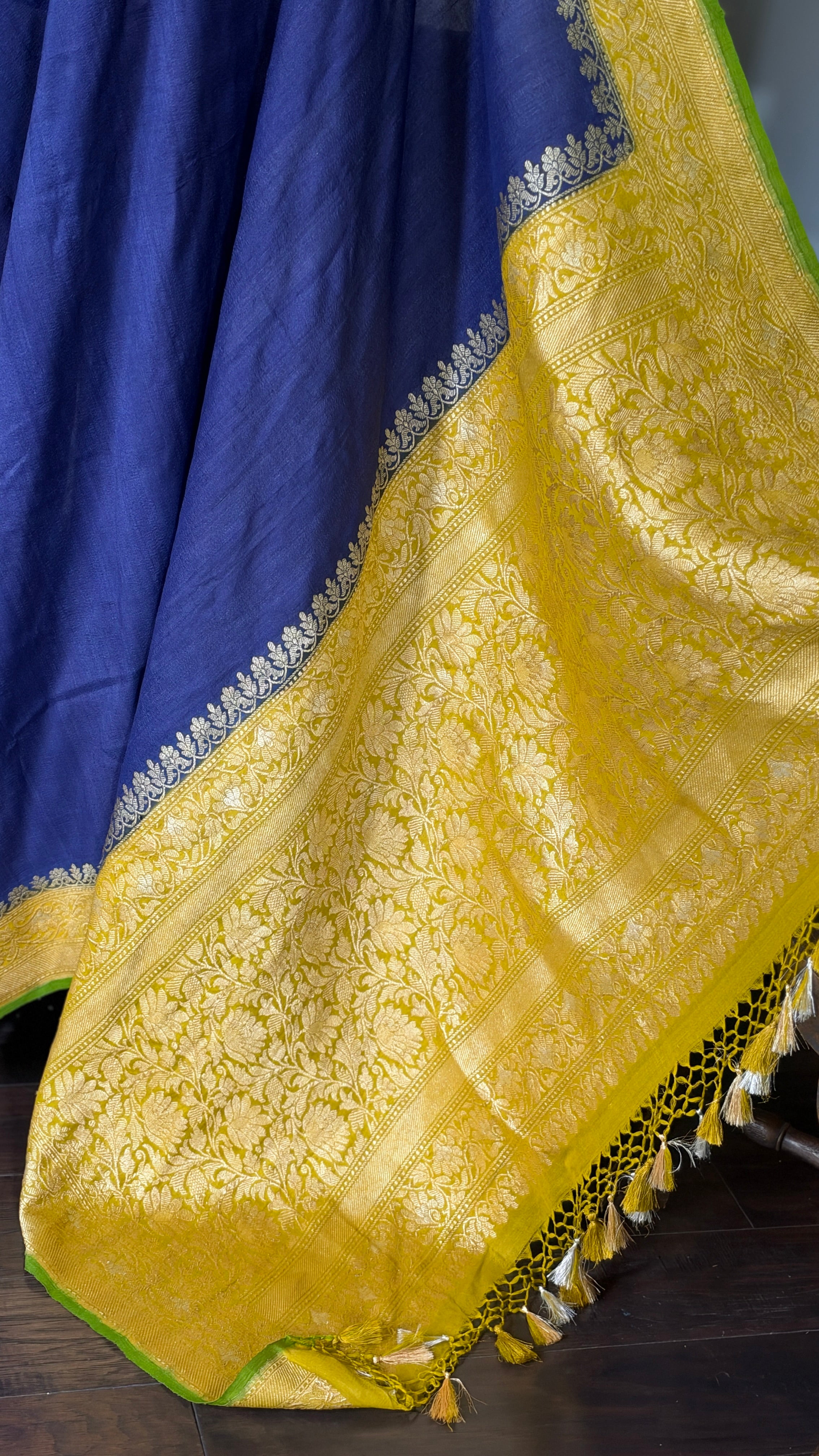 Tussar Georgette Banarasi- Navy Blue Ochre Yellow