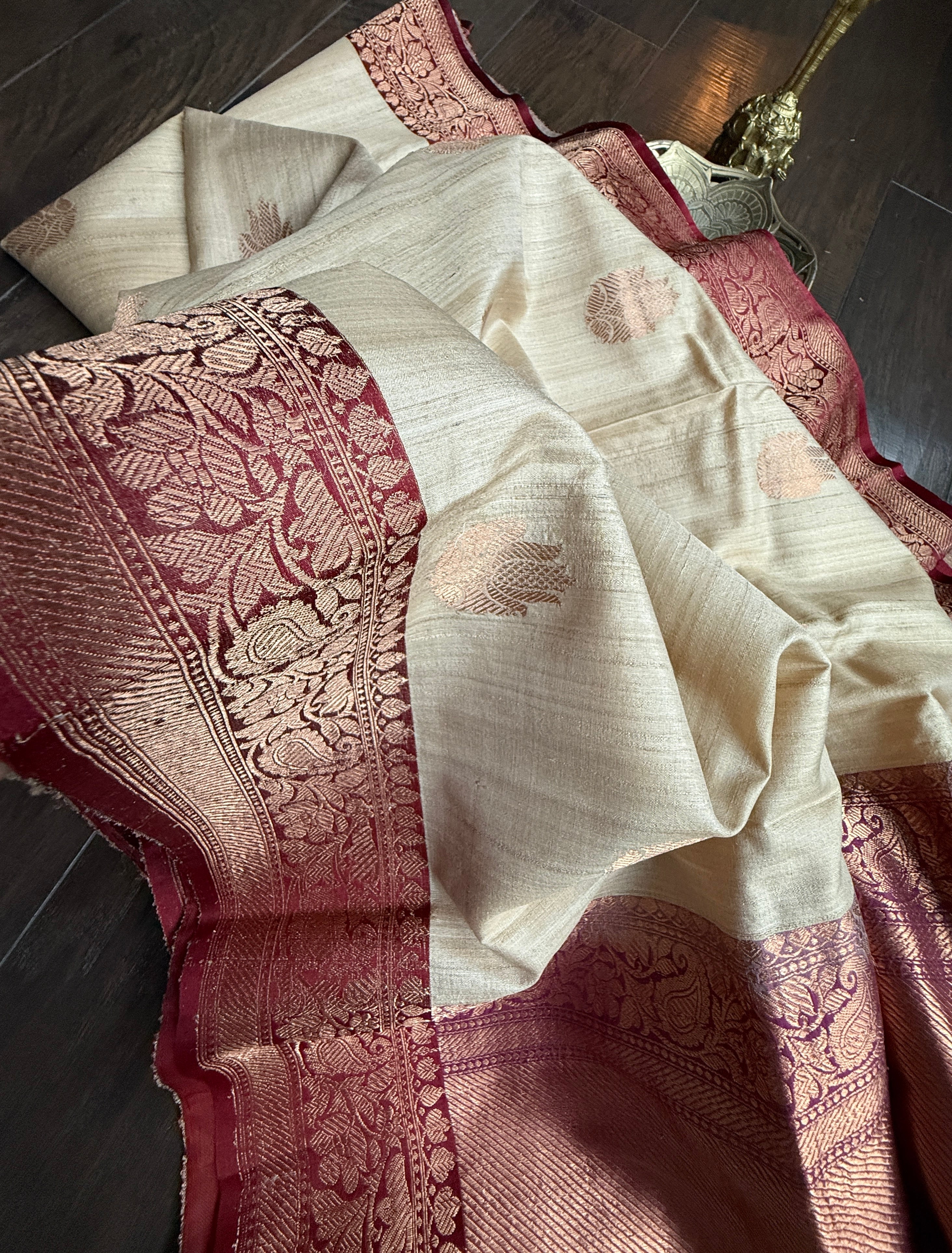 Pure Tussar Silk Banarasi - Beige Maroon