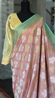 Tussar Georgette Banarasi- Peach Pink Sea Green