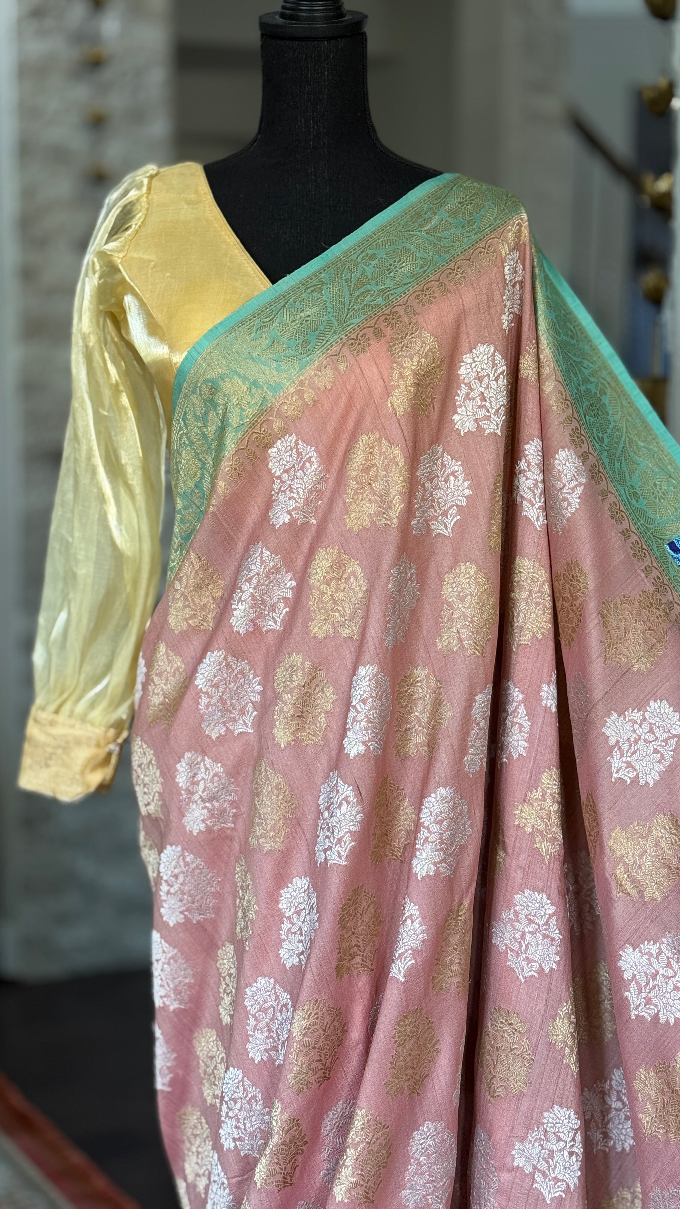Tussar Georgette Banarasi- Peach Pink Sea Green