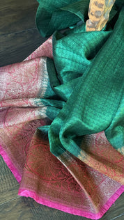 Pure Tussar Silk Banarasi - Green Pink