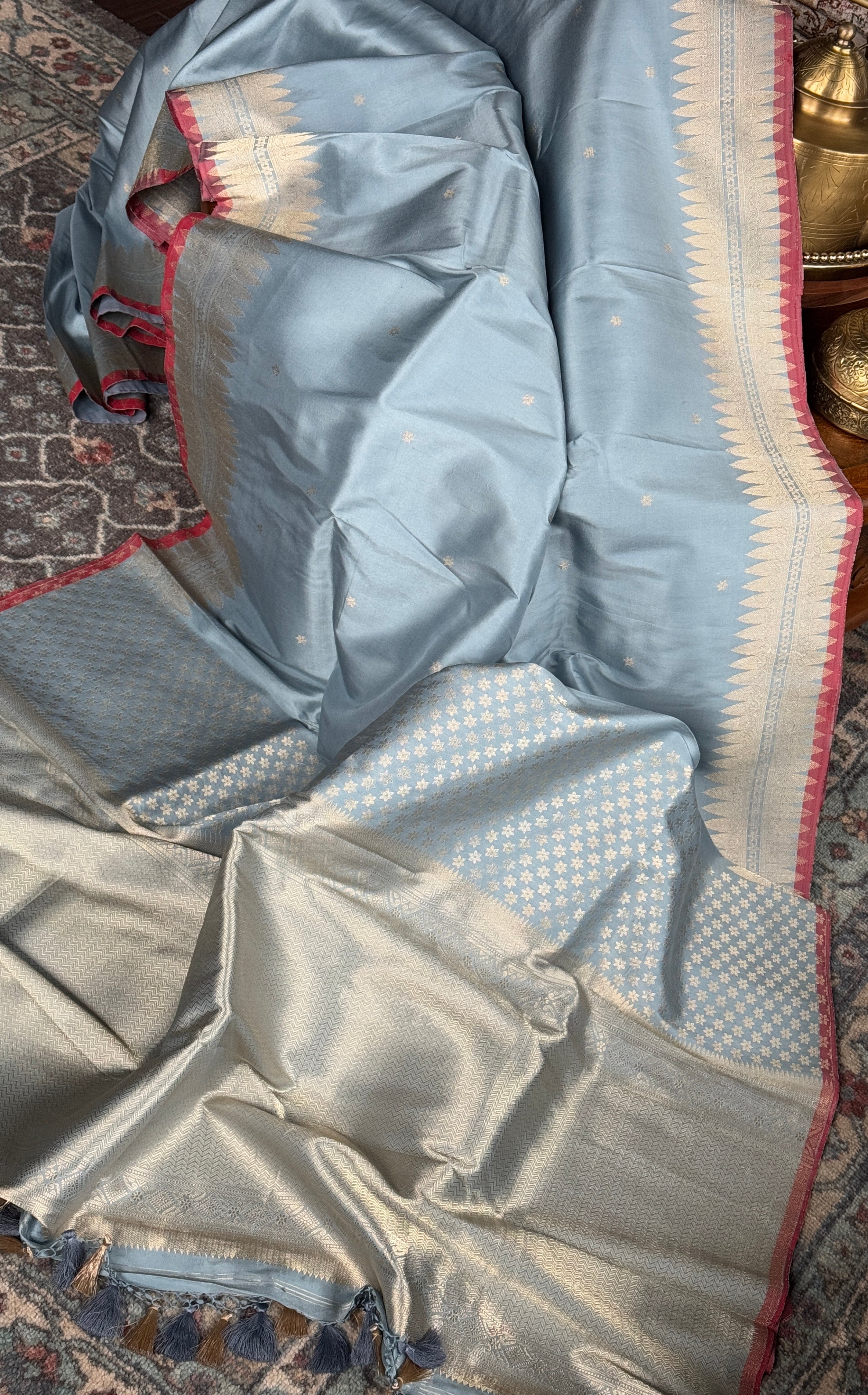 Katan Silk Banarasi - Soft Blue Grey Red Kadhua