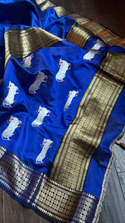 Pure Chanderi Pattu Silk - Blue Nandi Eknaliya