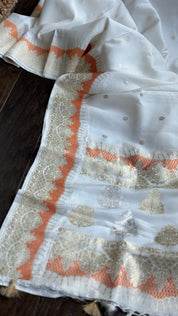 Pure Katan Silk Kadhua Banarasi - White antique Zari