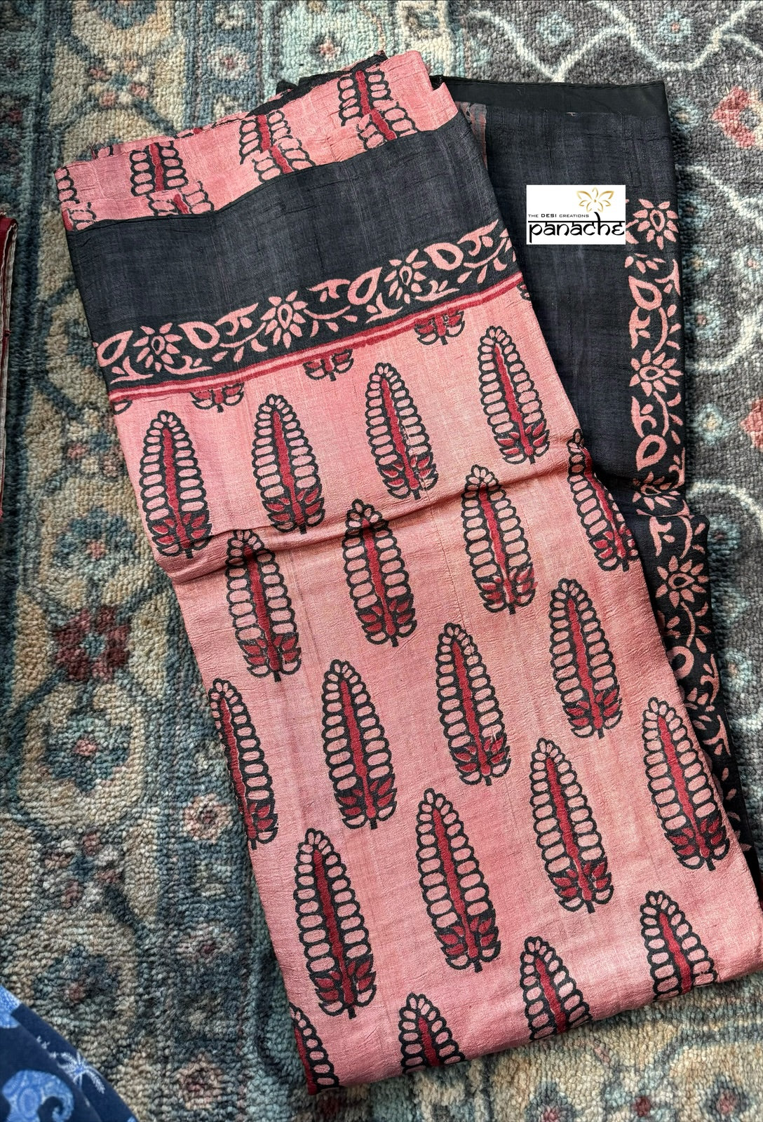 Pure Tussar Silk - Deep Salmon Black