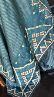 Pure Tussar Silk Gujrati Stitch -  Teal Blue Hand Embroidered