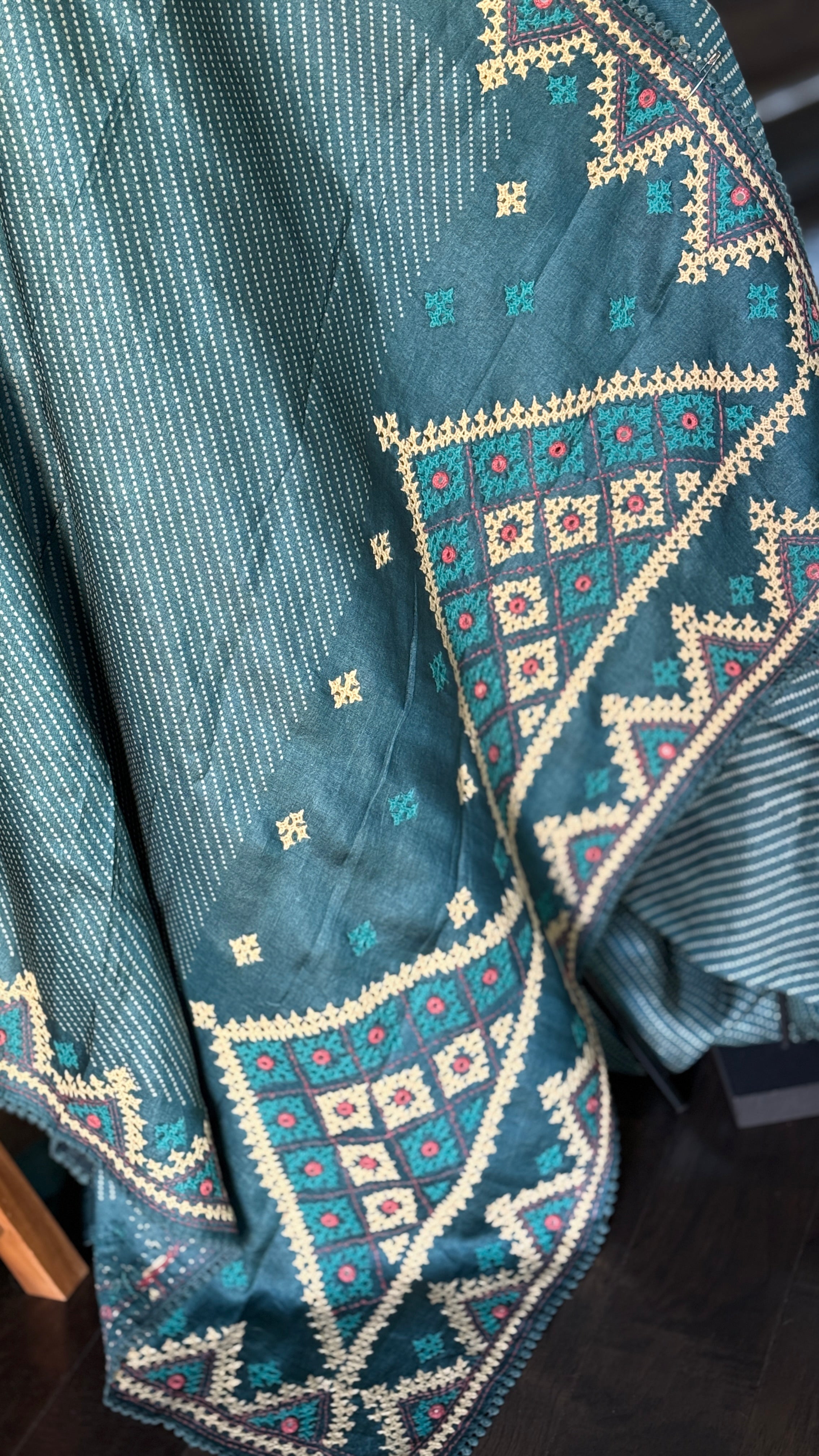 Pure Tussar Silk Gujrati Stitch -  Teal Blue Hand Embroidered