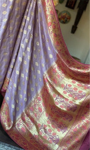 Khaddi Tussar Banarasi -  Light Purple Mauve Tilfi Antique Zari