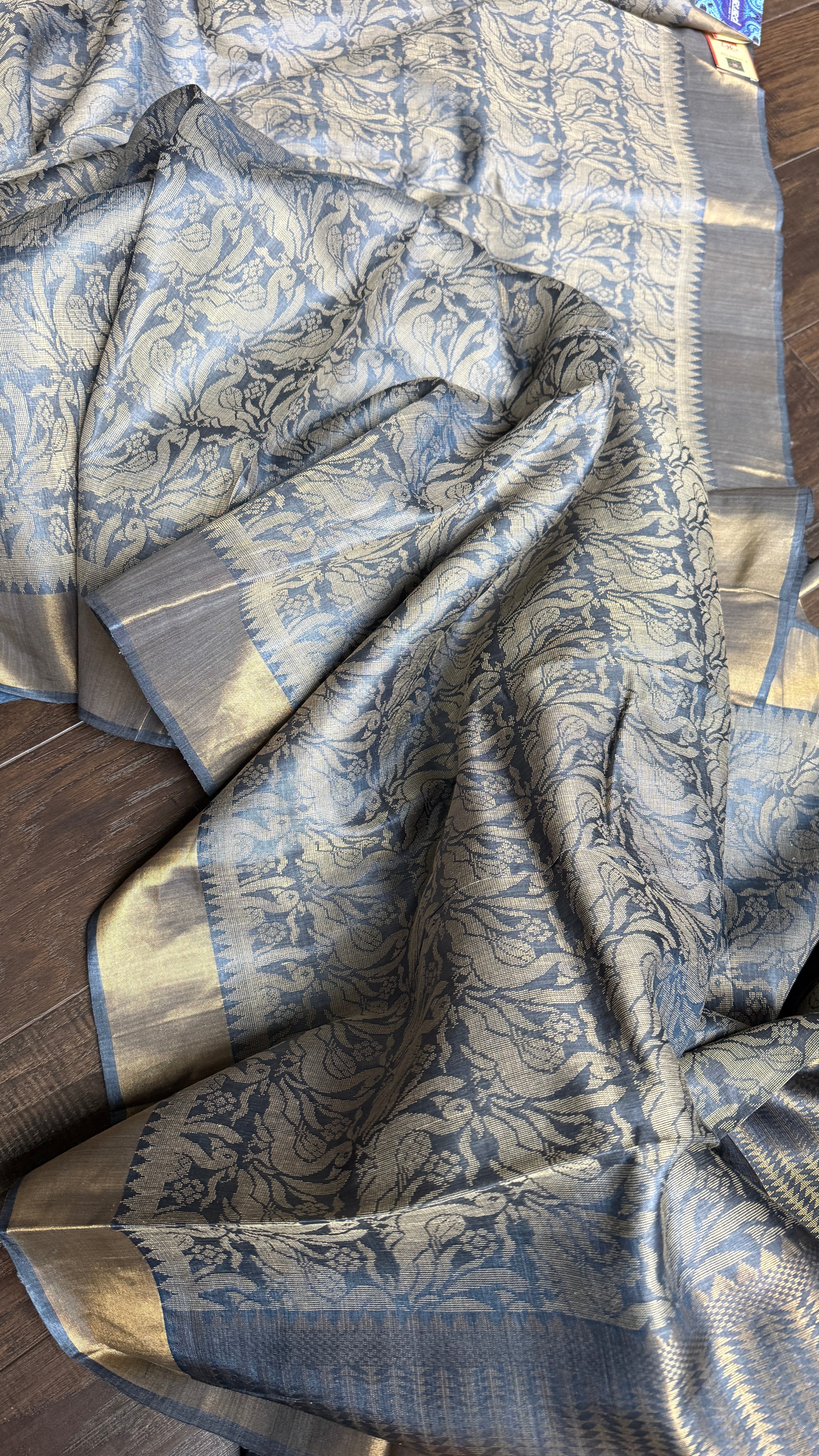 Tussar Silk - Steel Grey Resham Woven