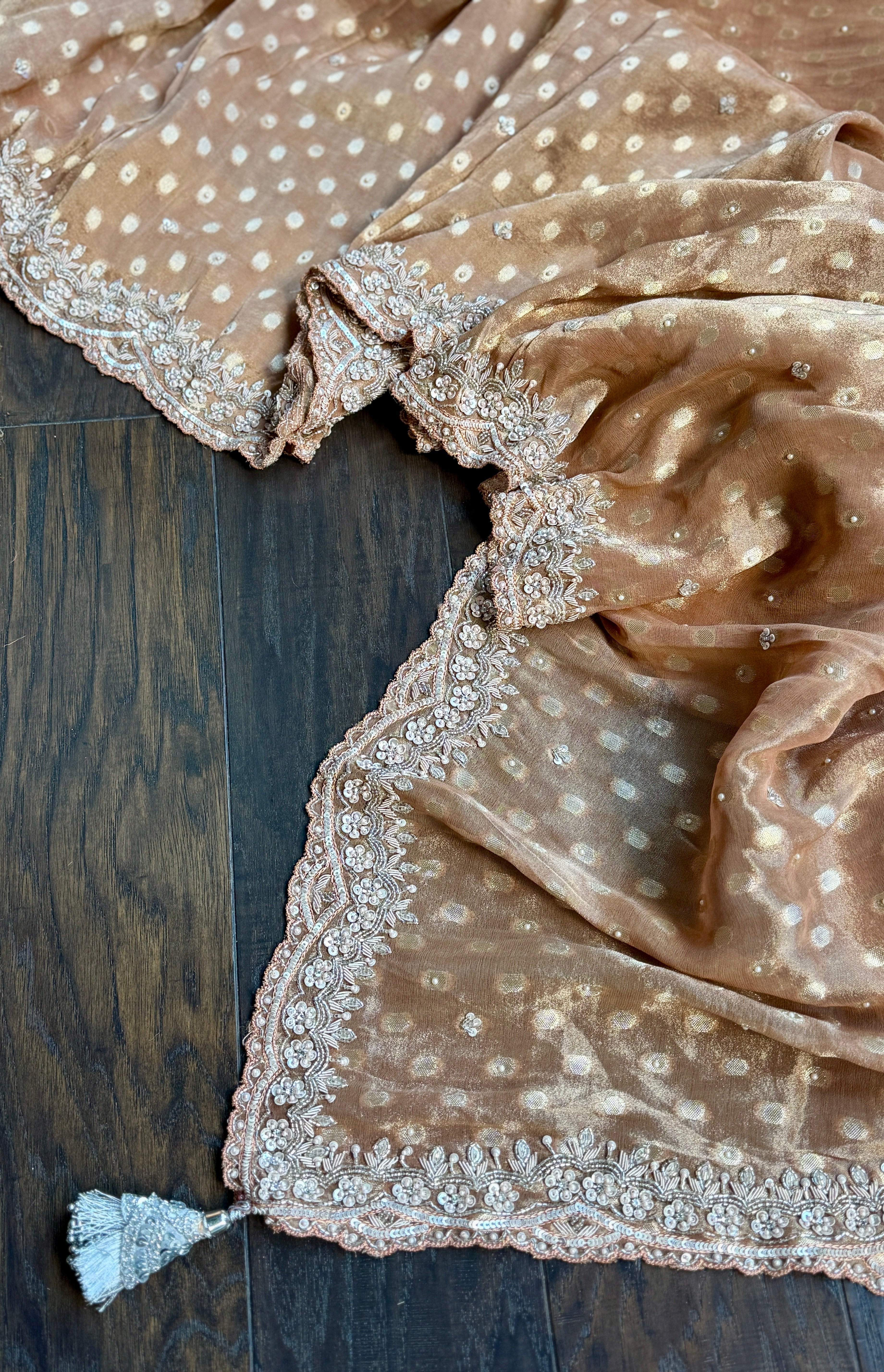 Designer Tissue Georgette - Mocha Hand Embellishment Work