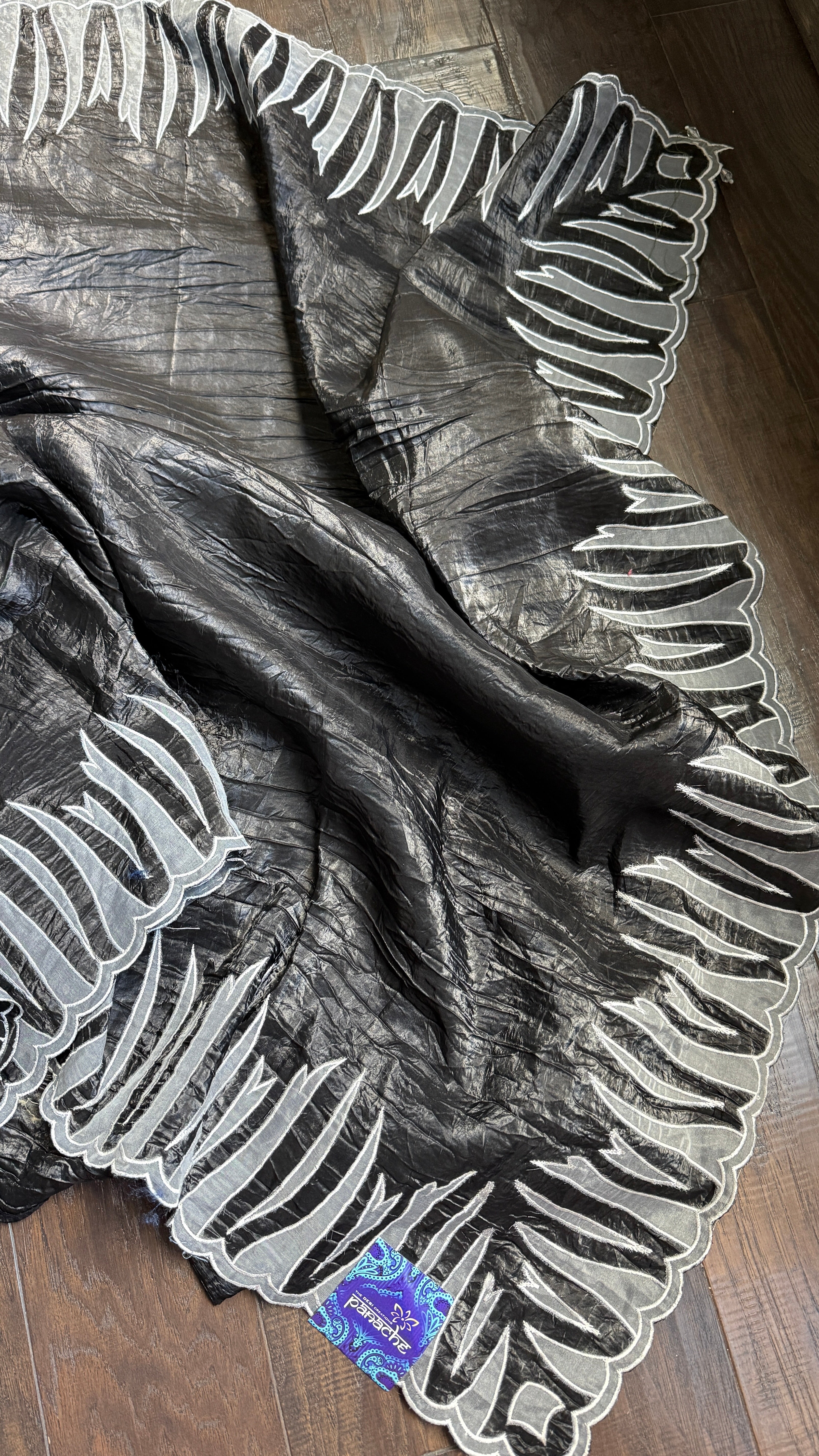 Designer Crushed Tissue Silk - Slate Black Appliqué Embroidered