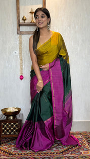 Pure Silk Mubbagam Kanjivaram - Golden Yellow Magenta Green Woven