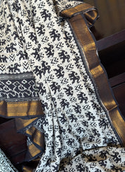 Chinori Silk Kalamkari  - Dusty white Black Elephant
