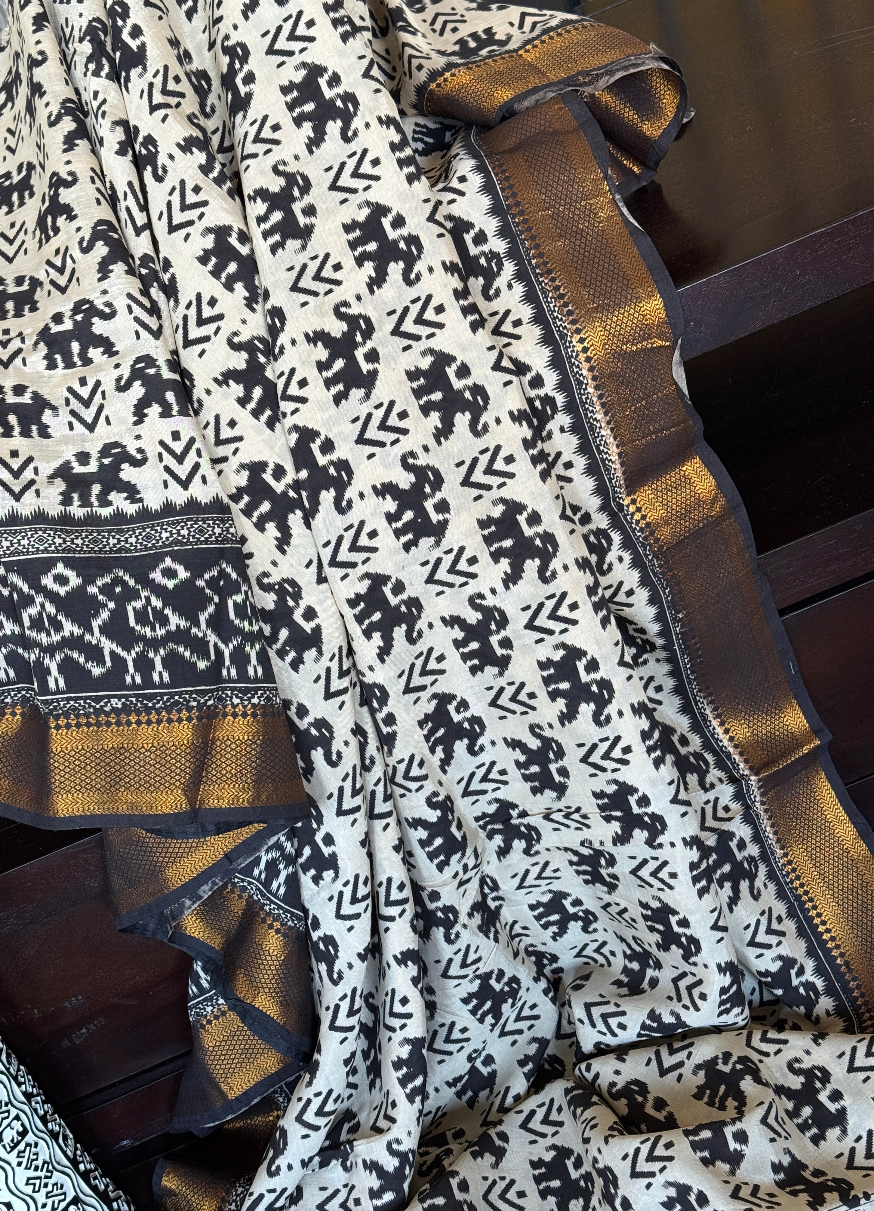 Chinori Silk Kalamkari  - Dusty white Black Elephant