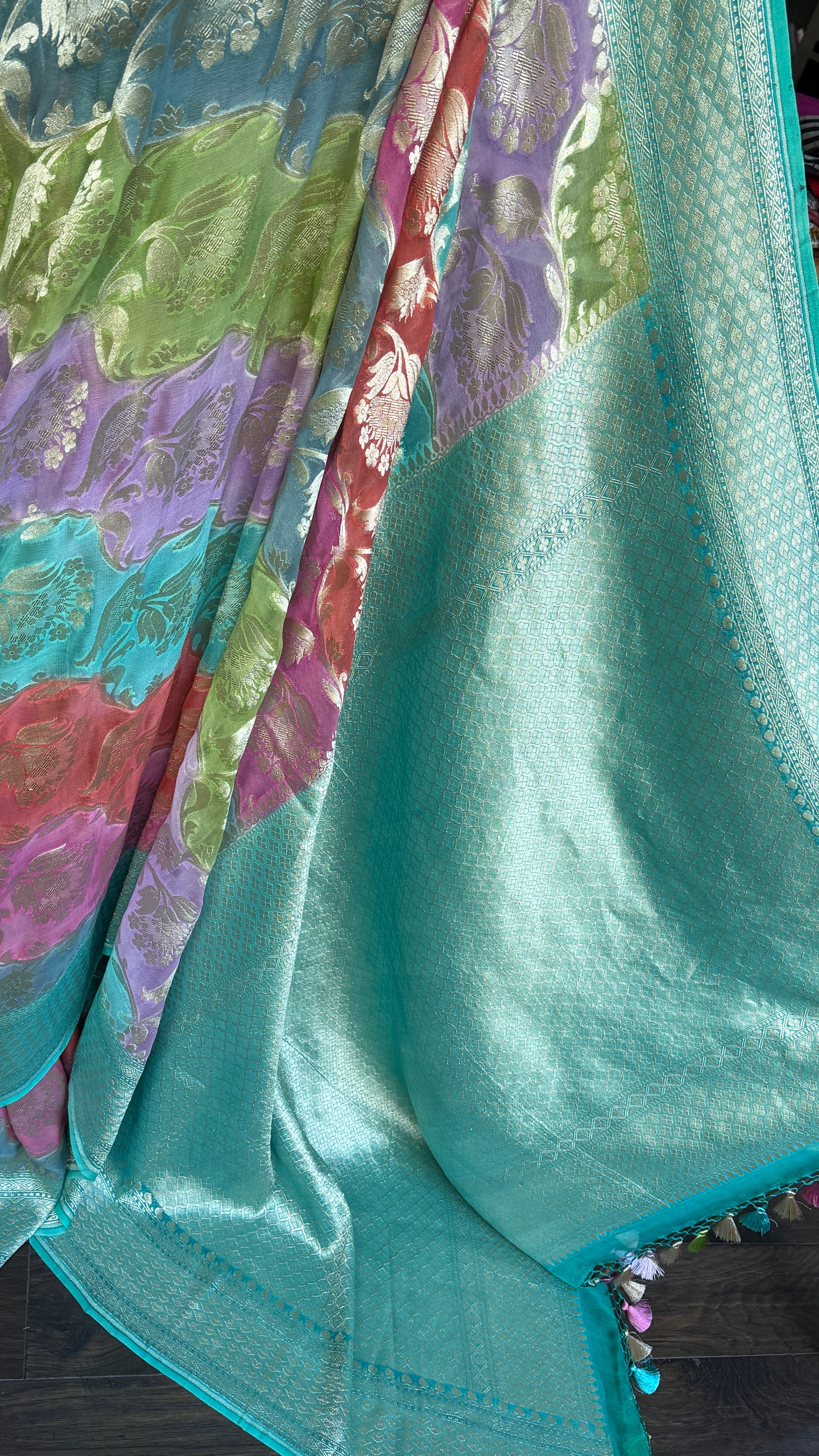Khaddi Georgette Banarasi - Sea Green Multi color Rangkat