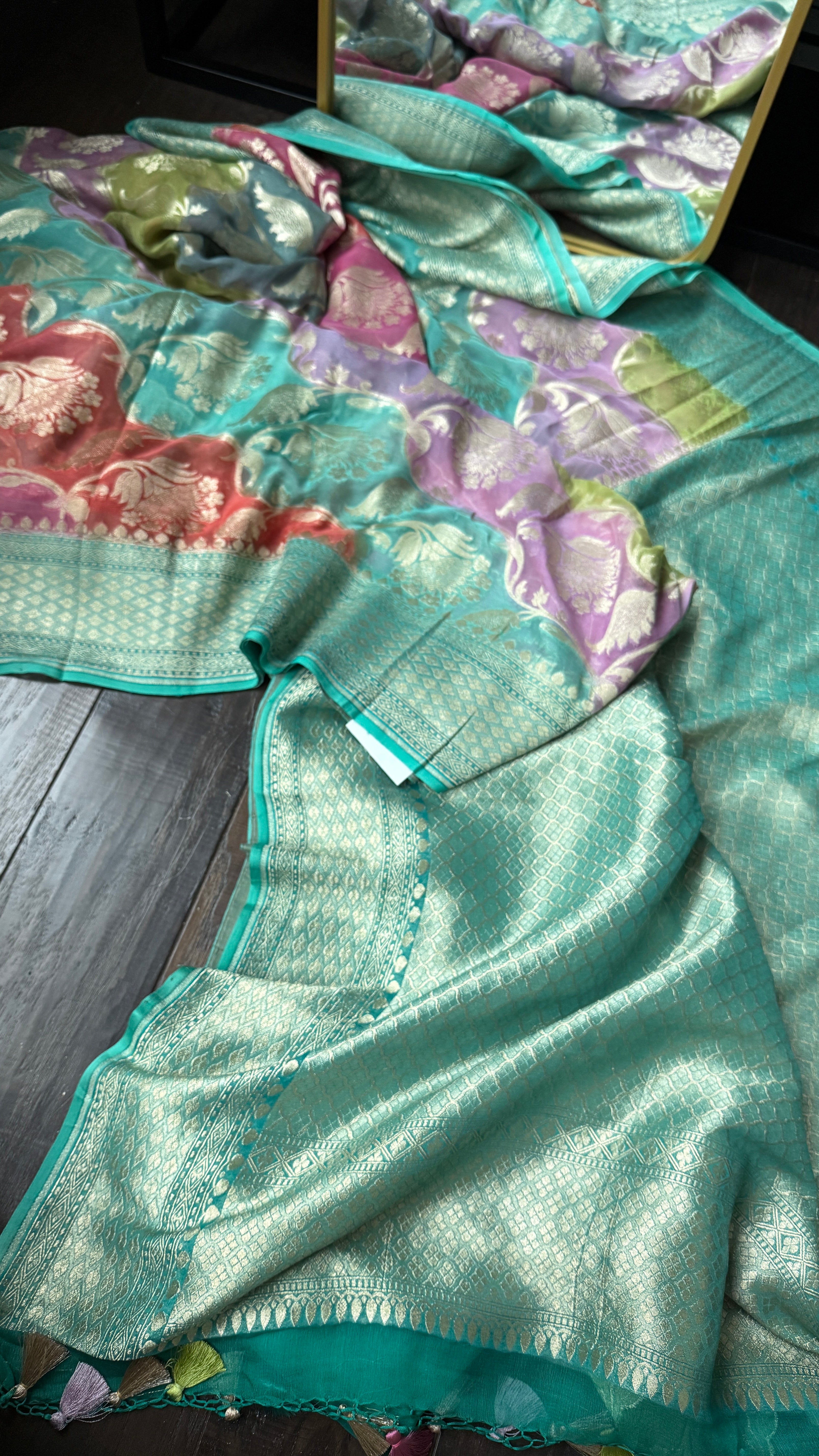Khaddi Georgette Banarasi - Sea Green Multi color Rangkat
