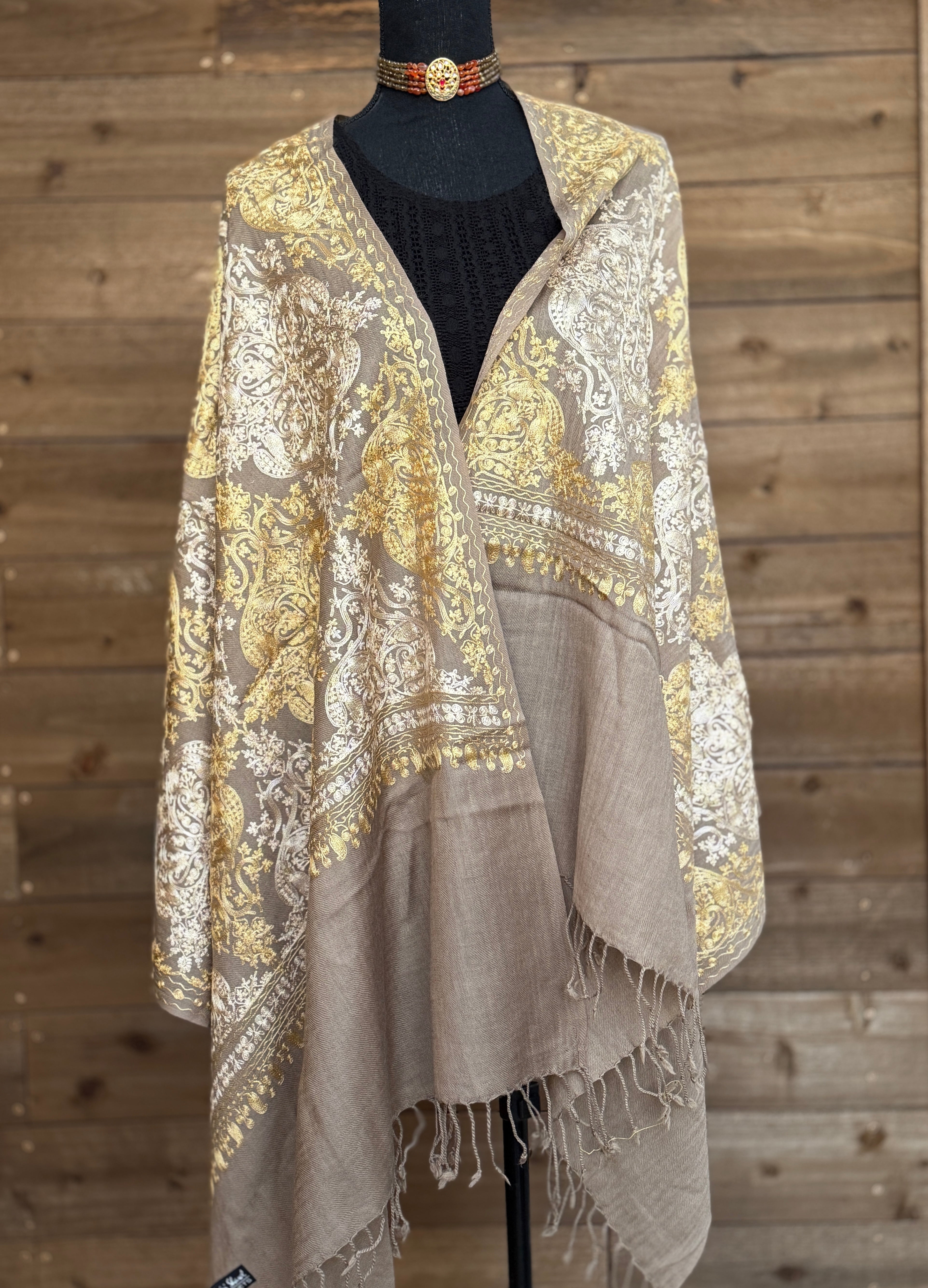 Kashmiri Woven Stole - Gray Yellow