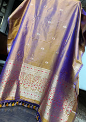 Pure Katan Silk Banarasi - Brown Purple Dual Shaded