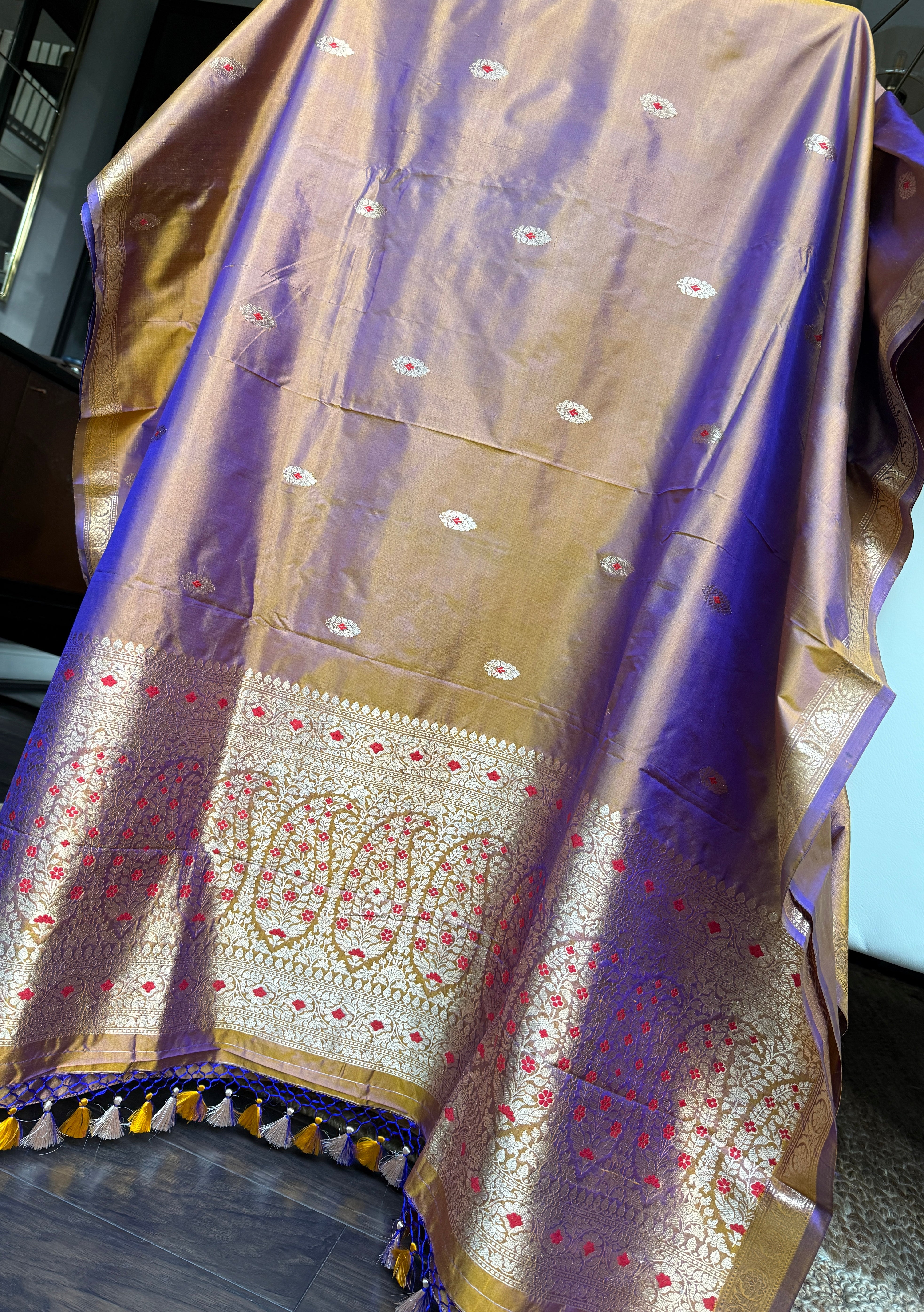 Pure Katan Silk Banarasi - Brown Purple Dual Shaded