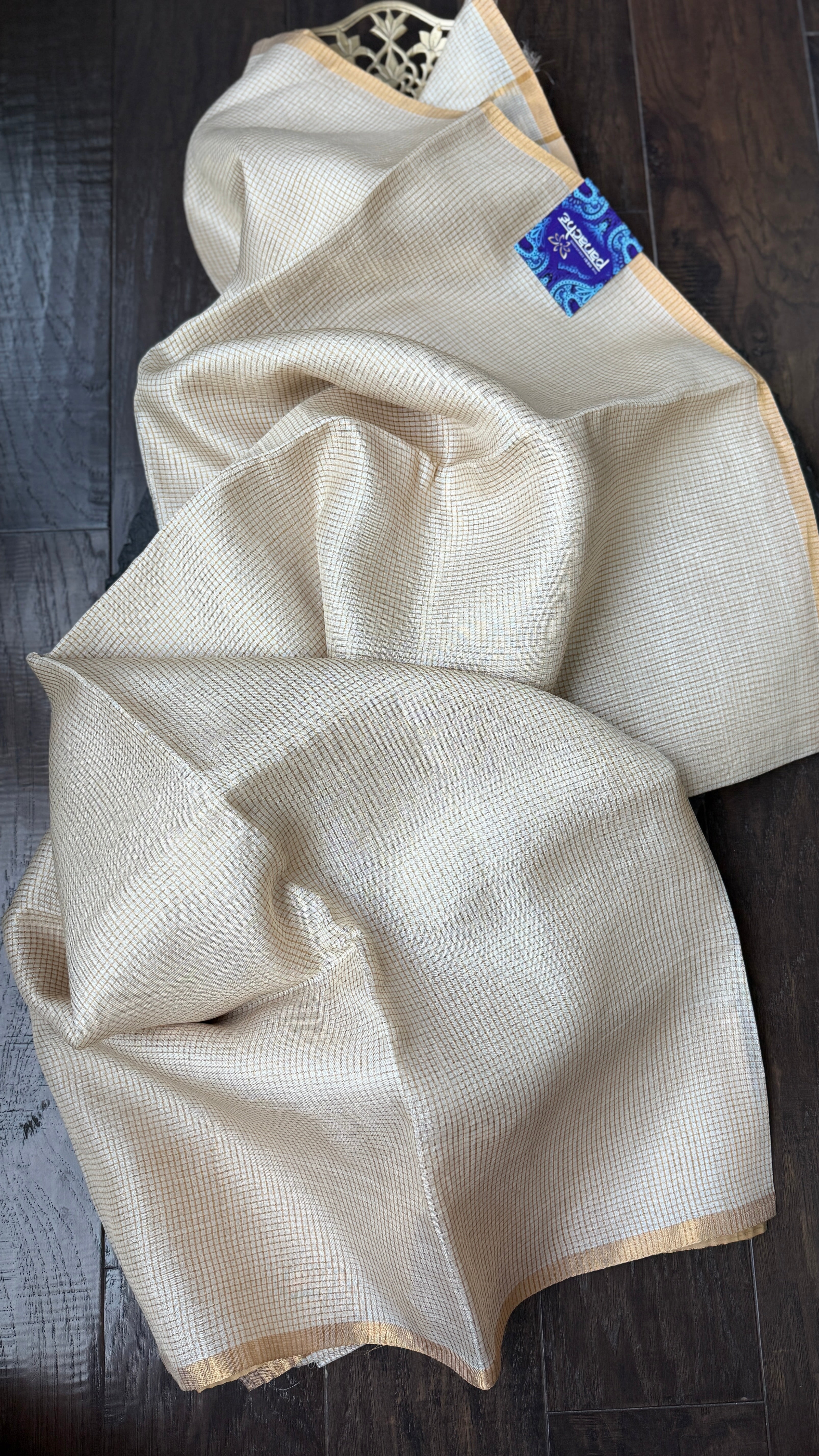 Pure Tussar Silk - Beige Golden Zari Checks