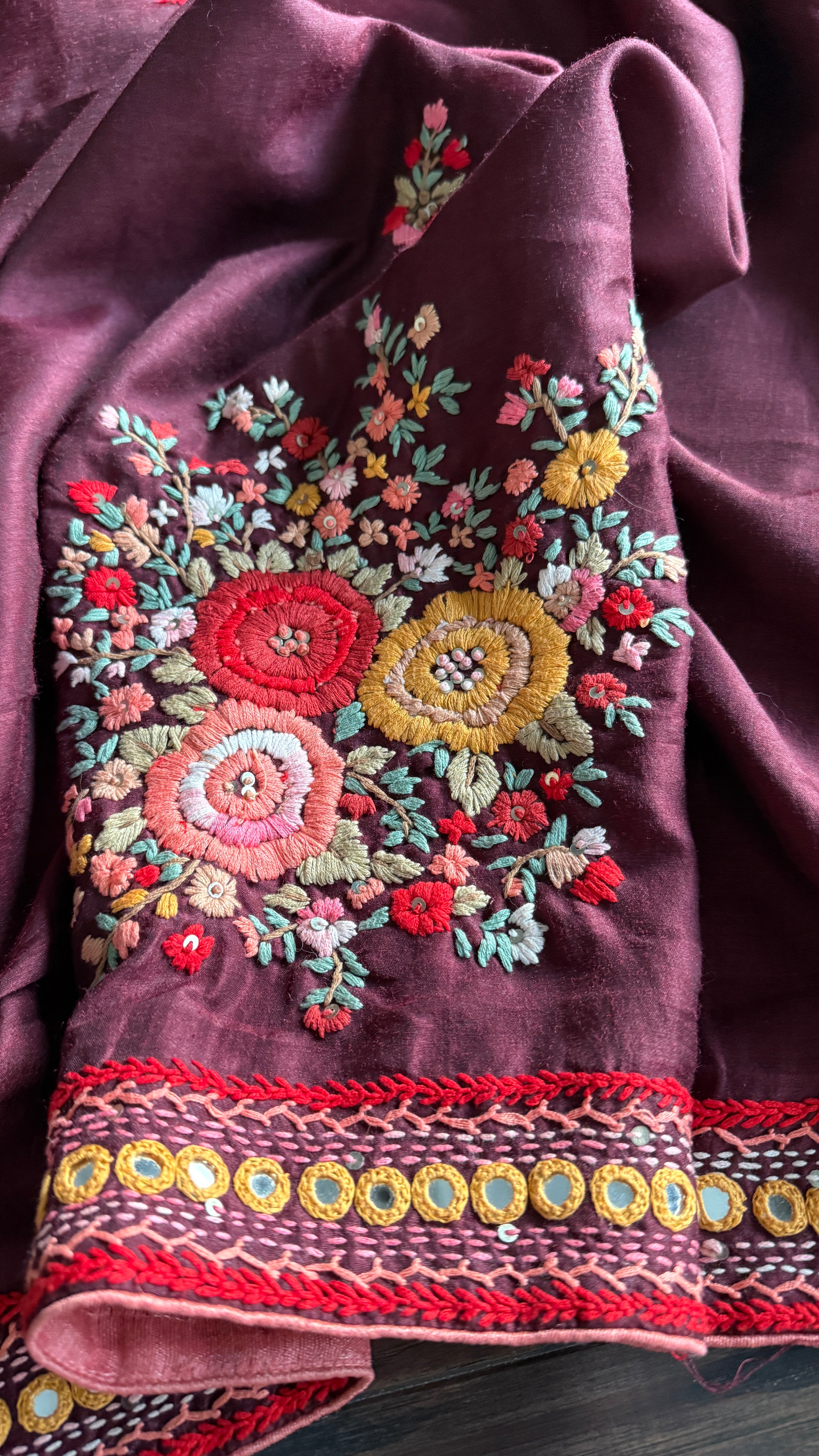 Designer Muga Embroidered - Wine Maroon