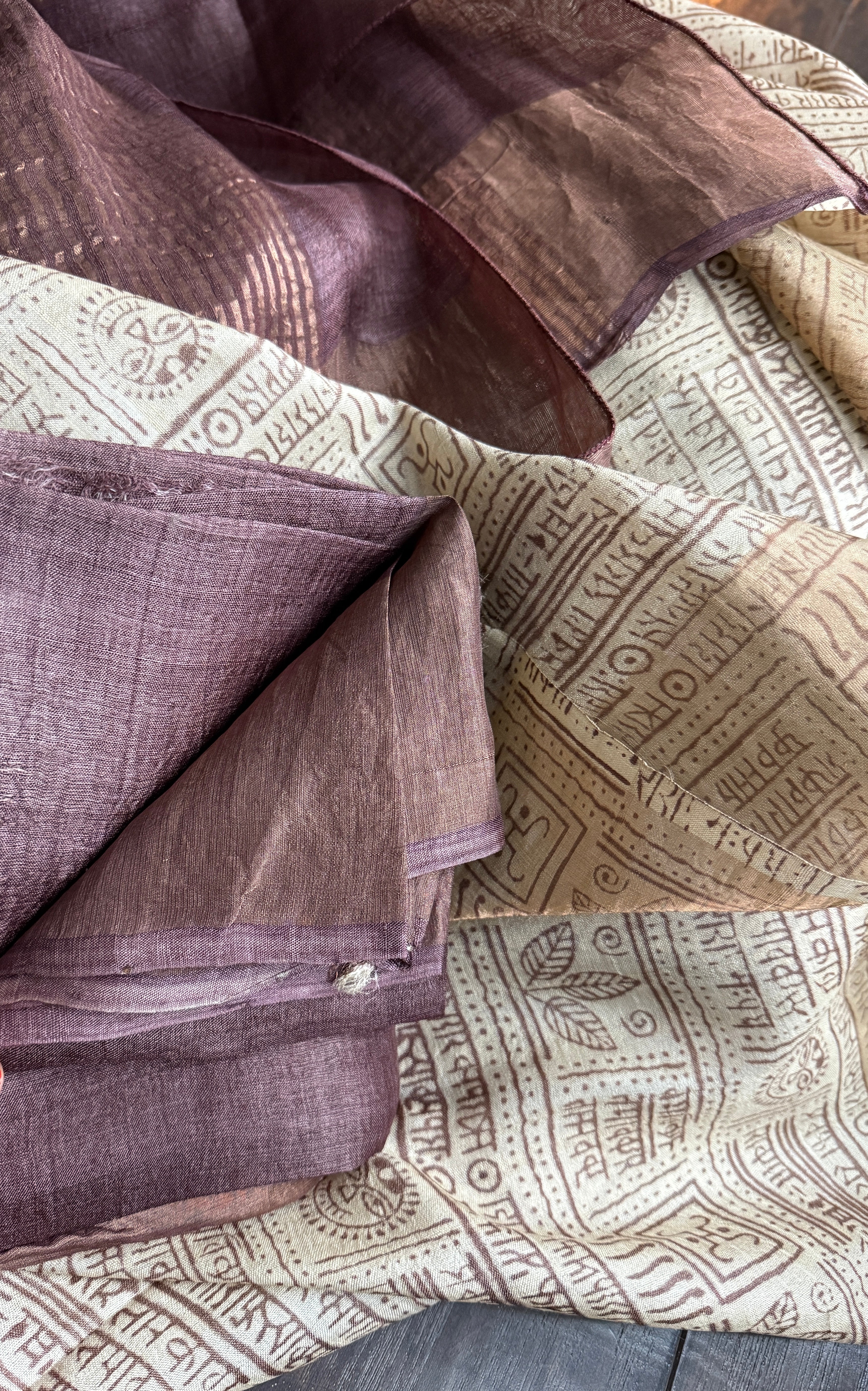 Pure Tussar Silk Script Printed -  Tan Beige Brown