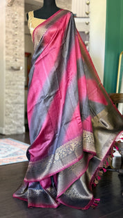 Tussar Silk Banarasi Shaded - Grey Raspberry Pink Antique Golden Zari