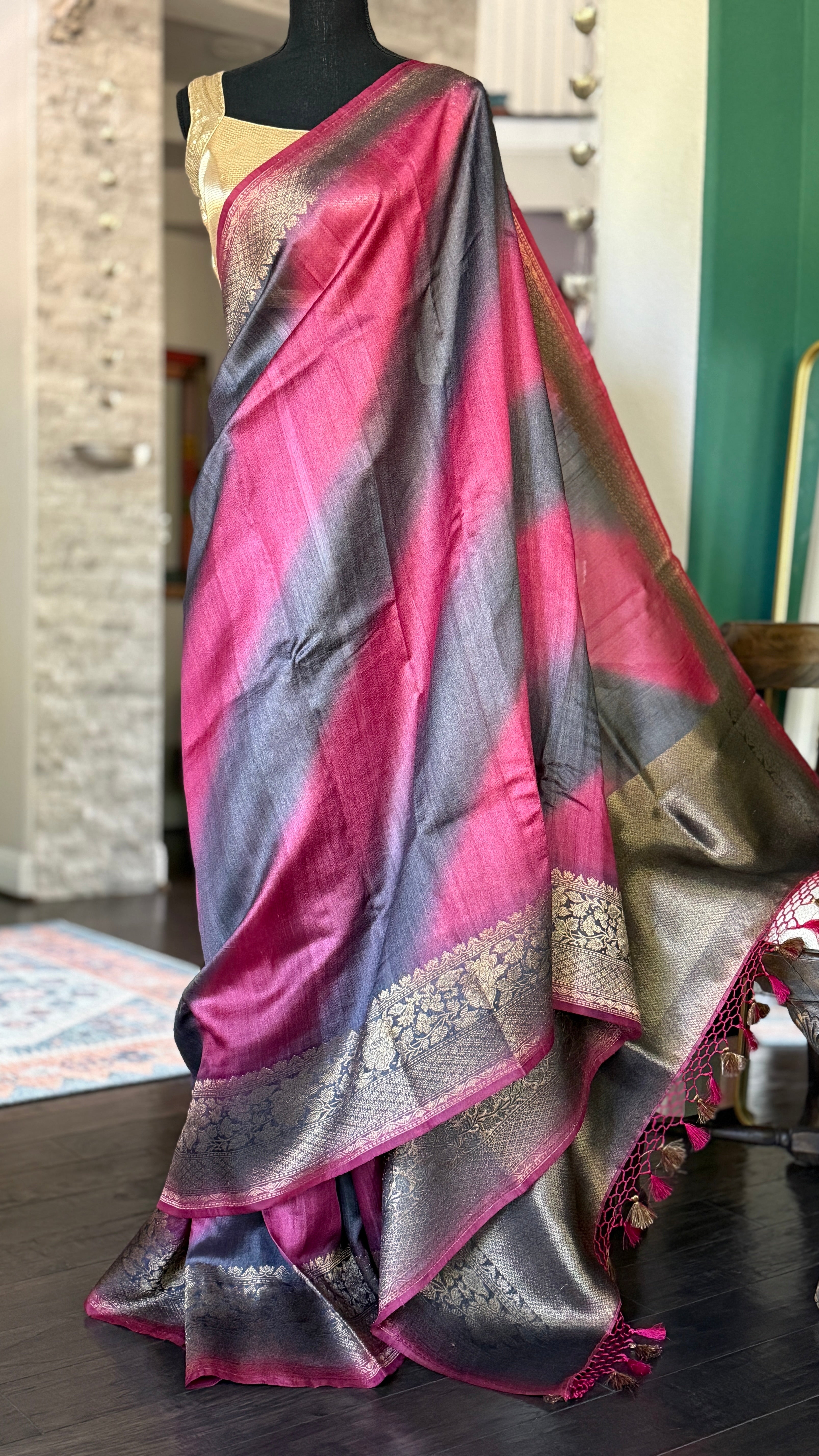 Tussar Silk Banarasi Shaded - Grey Raspberry Pink Antique Golden Zari