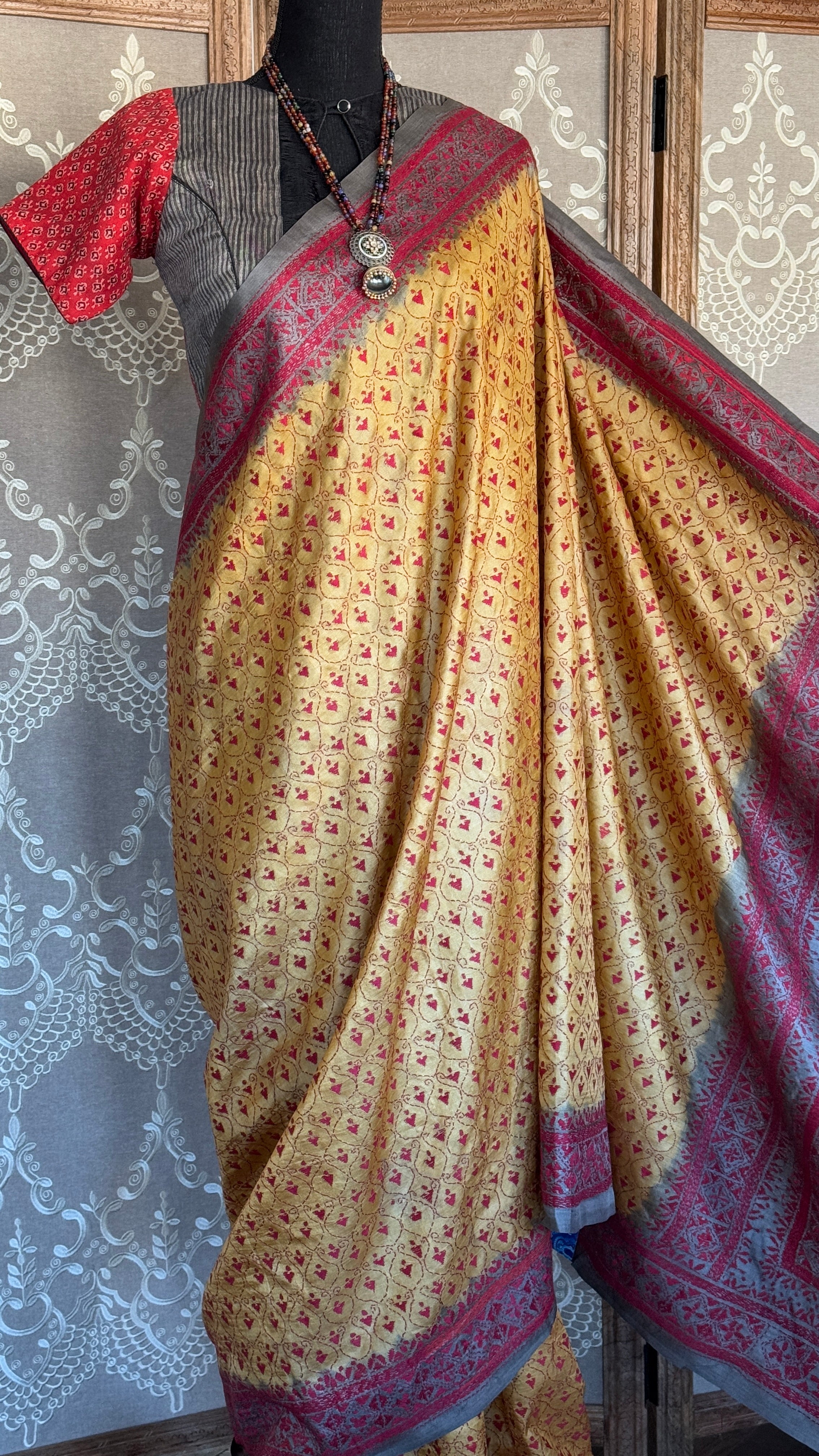 Pure Tussar Silk Kantha Stitch -  Yellow Red Grey