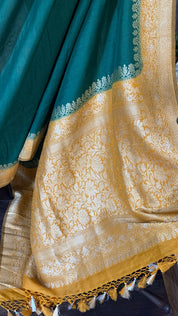 Tussar Georgette Banarasi- Navy Blue Ochre Yellow