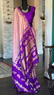 Tussar Georgette Katan Silk Banarasi - Blush pink Purple Kadhua