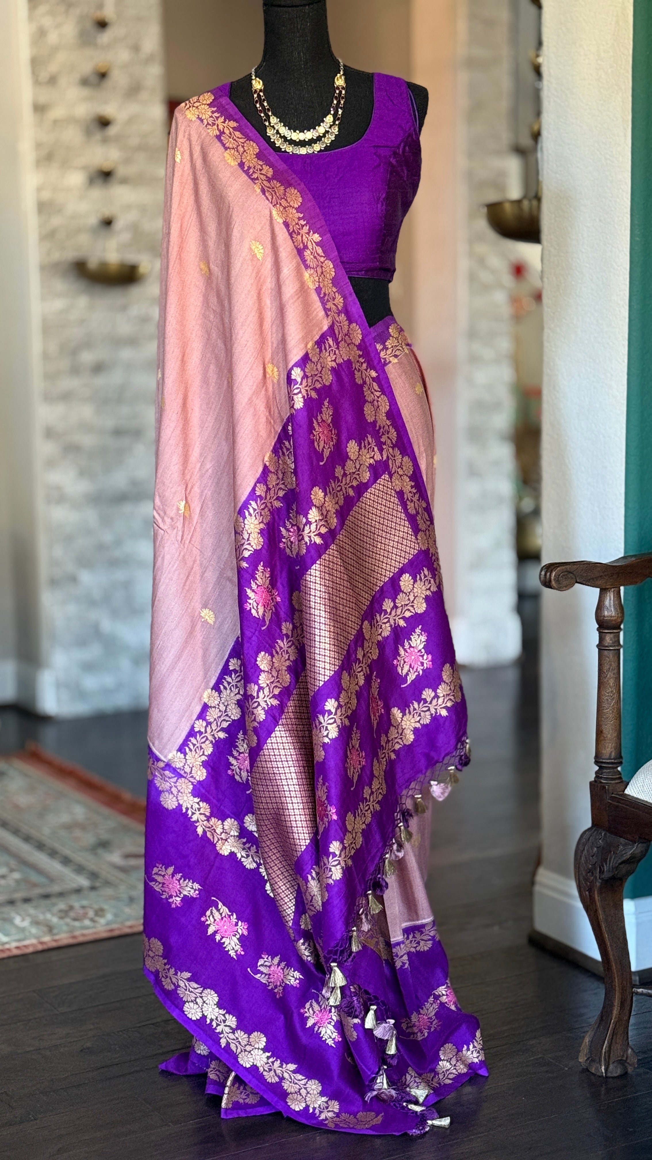 Tussar Georgette Katan Silk Banarasi - Blush pink Purple Kadhua