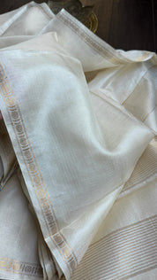 Pure Tussar Silk - Cream Beige Golden Zari Woven1