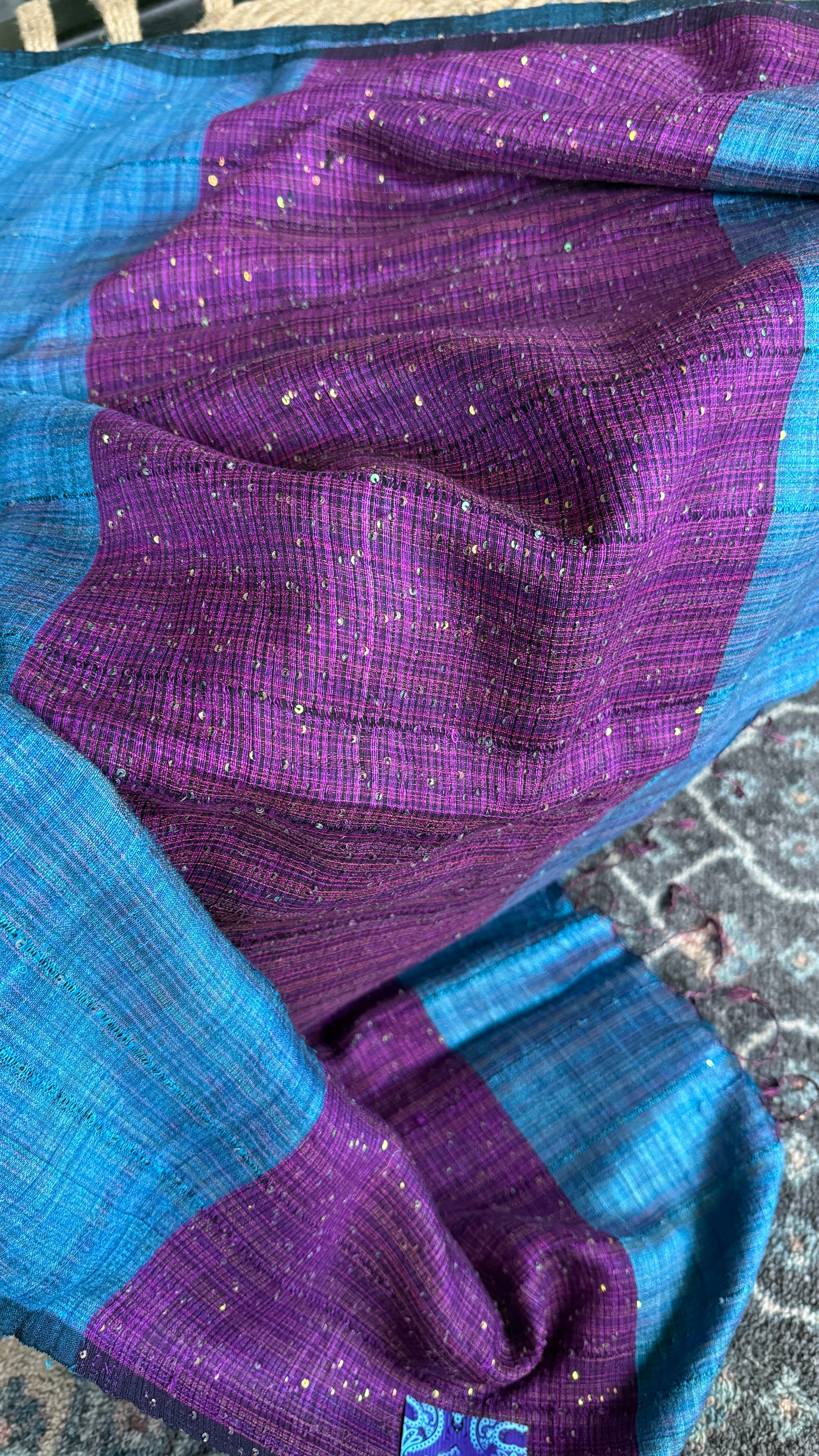 Pure Matka Silk Sequin - Firozi Blue Purple Woven