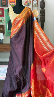 Pure Silk Kuttu Gadwal - Dark Chocolate Brown Orange