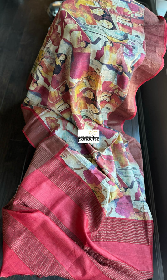 Pure Tussar Silk - Beige Red Printed