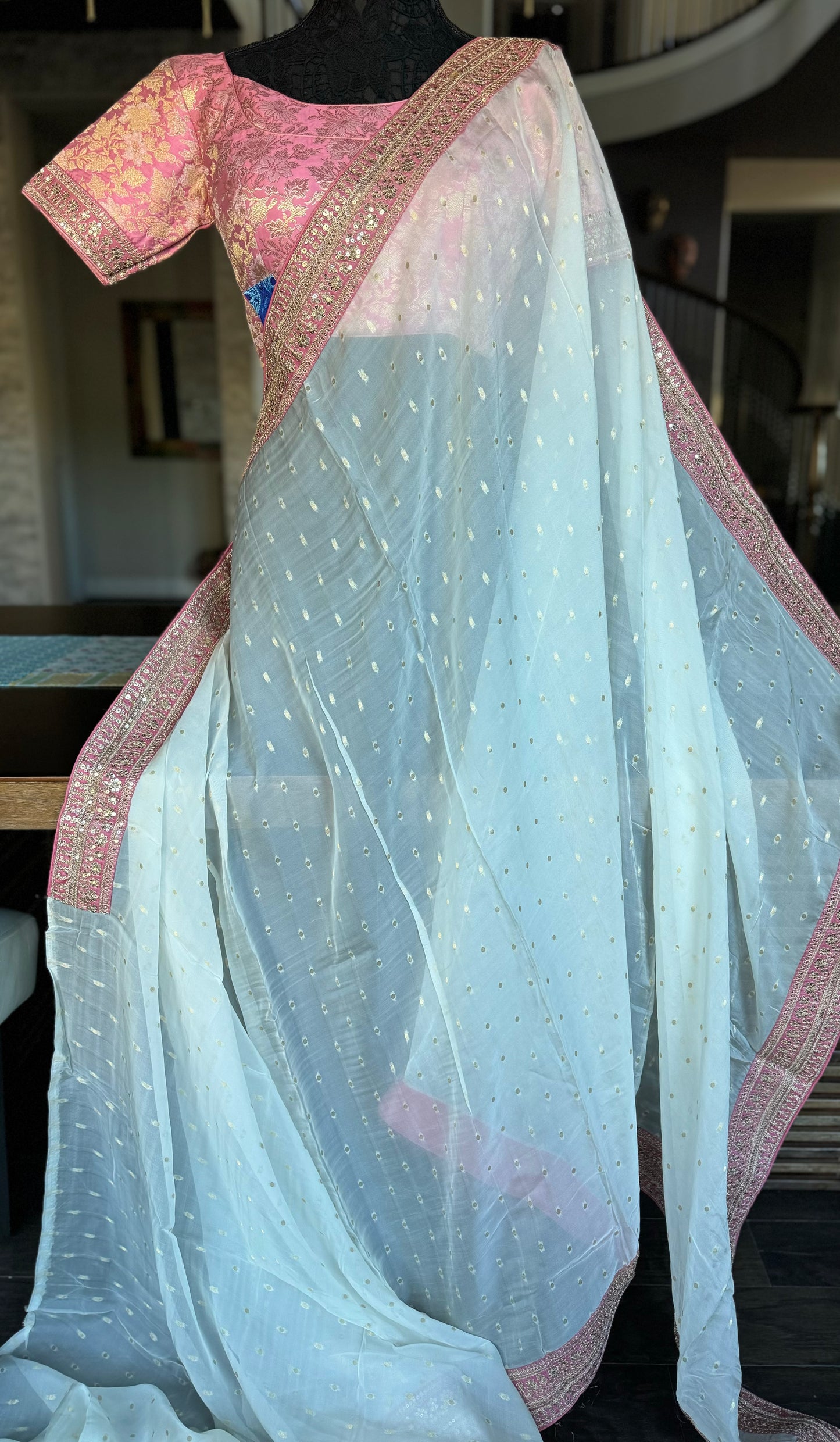 Designer Saree Blouse Pair - Off White Pink