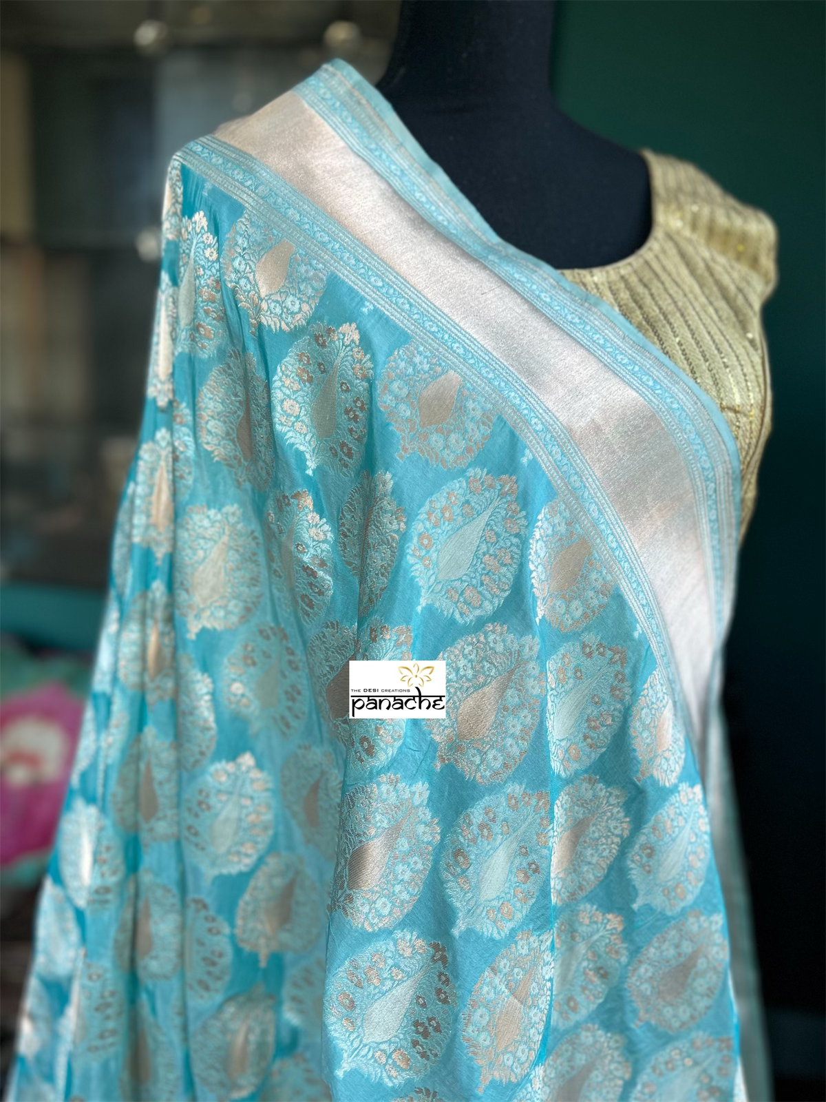 Pure Silk Katan Tissue Banarasi- Firozi Meenakari